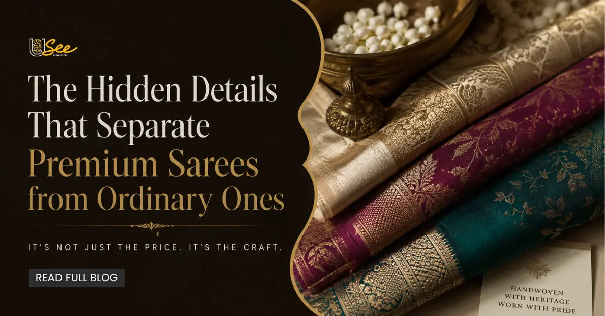 Premium Banarasi silk sarees in ivory, purple, maroon, and green with intricate gold zari motifs and handwoven borders, showcasing craftsmanship beyond price.