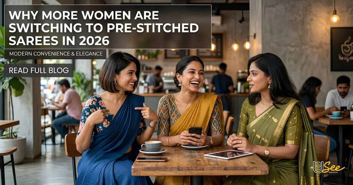 Women wearing stylish pre-stitched sarees at a café in 2026