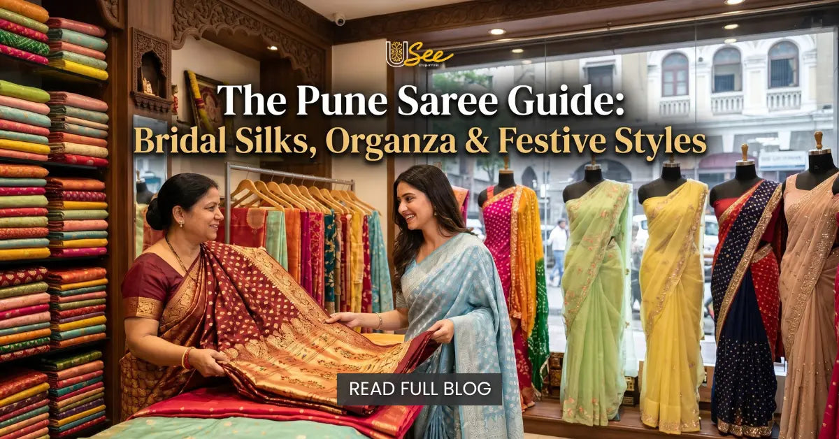 Woman browsing bridal silk sarees at The Usee Shop Pune, showcasing organza, festive, and designer saree collections.