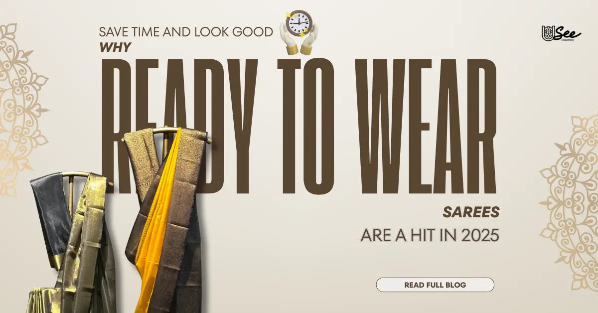 Banner asking why ready-to-wear sarees are popular in 2025, featuring images of sarees by The Usee Shop.