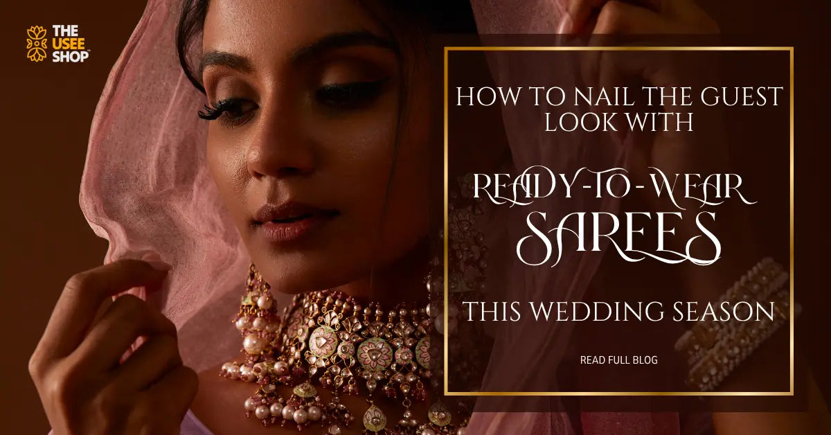 Woman wearing ready-to-wear wedding sarees from the Usee shop.