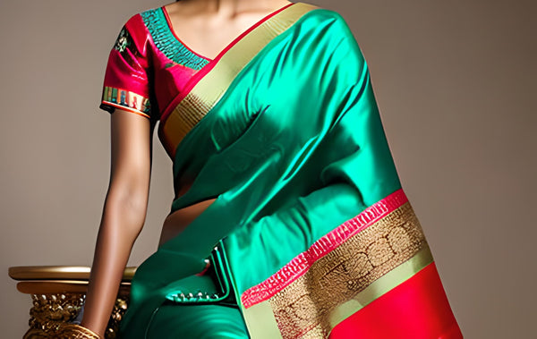 a beautiful woman wearing divine katan silk sarees portraying its authenticity and cultural importance