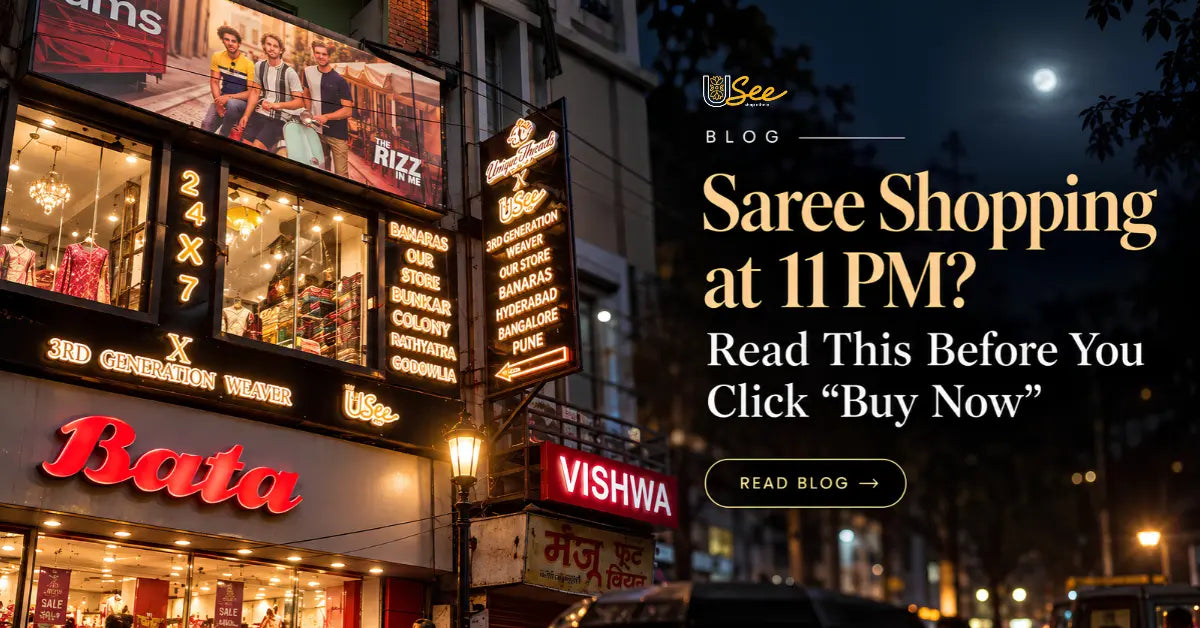USee Sarees blog banner showing a busy saree market at night with the headline “Saree Shopping at 11 PM? Read This Before You Click Buy Now.