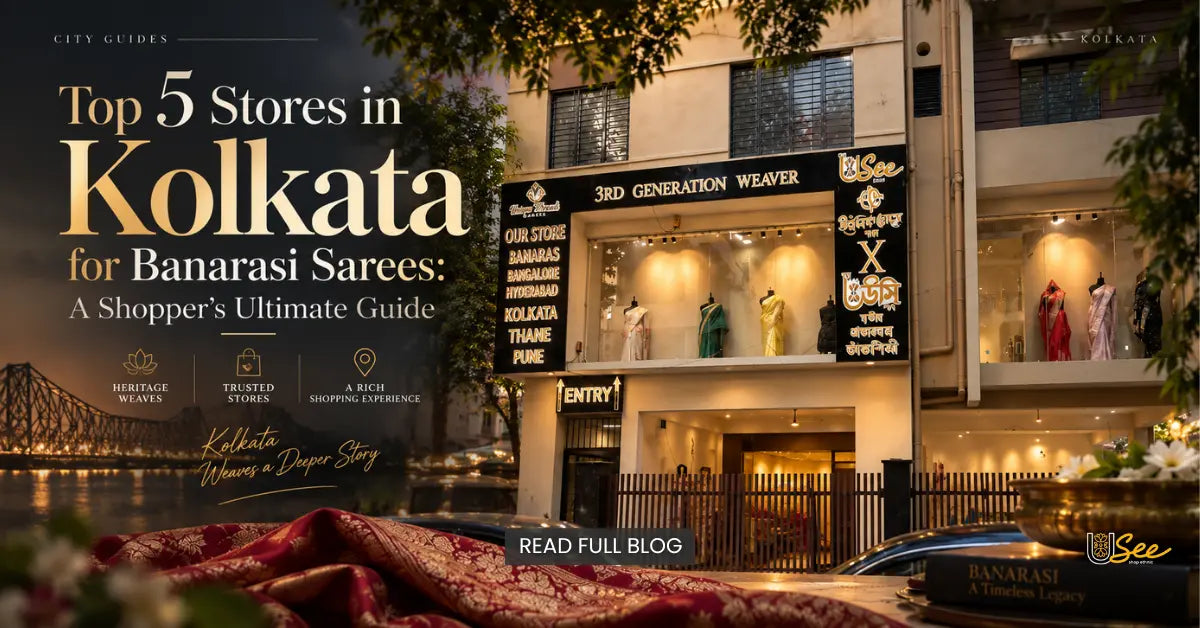 Guide to the top 5 Banarasi saree stores in Kolkata, featuring a traditional saree shop and silk fabric.