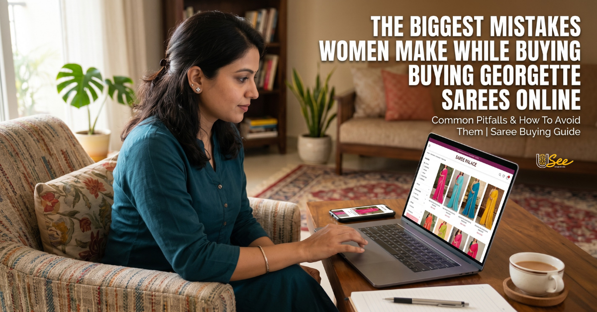 A woman sitting in a cozy living room browsing colorful georgette sarees online on a laptop, with a blog banner reading “The Biggest Mistakes Women Make While Buying Georgette Sarees Online” and a cup of tea on the table beside her.