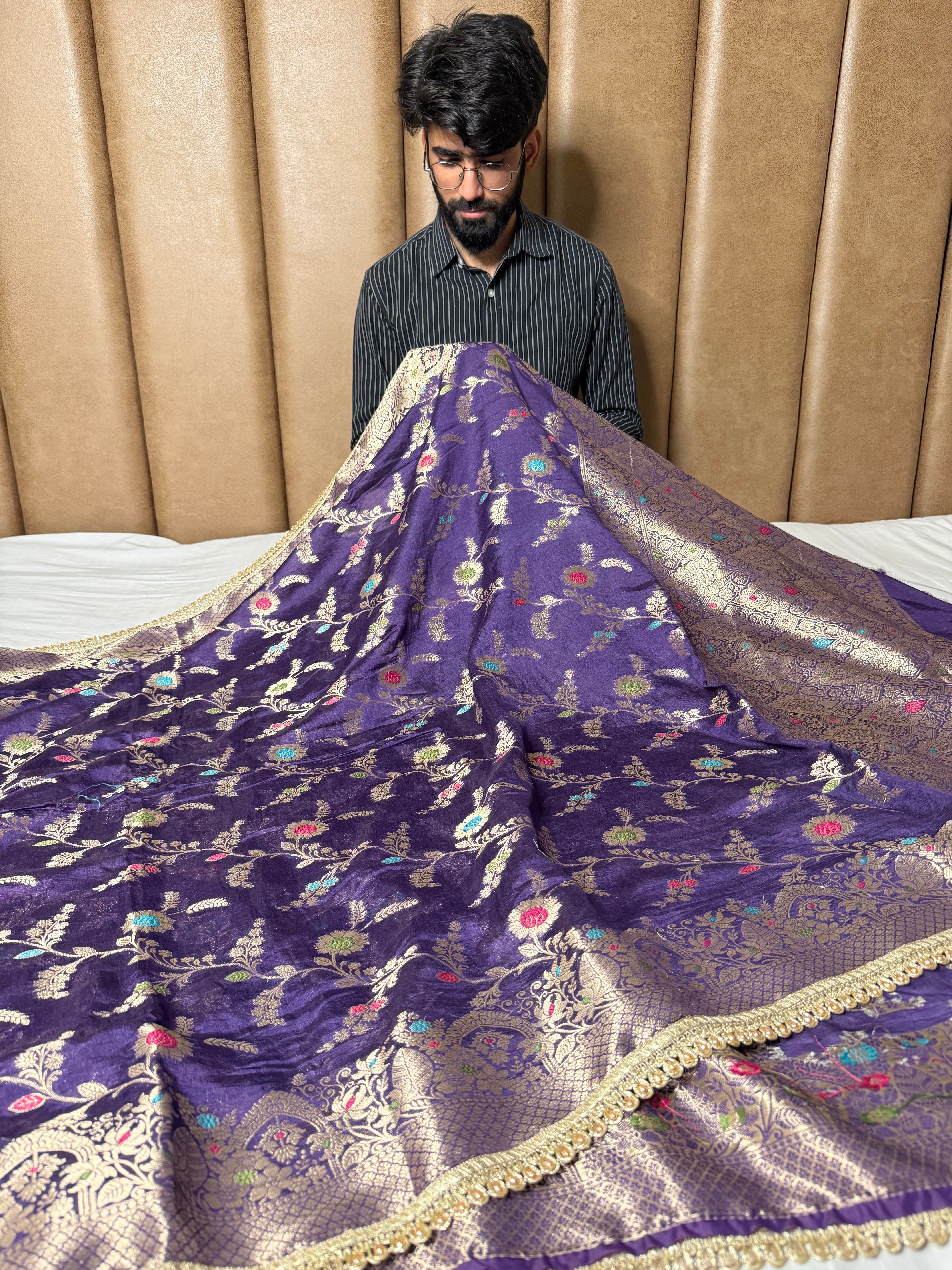 Light Purple Premium Dupion Silk Lace Work Banarasi Saree
