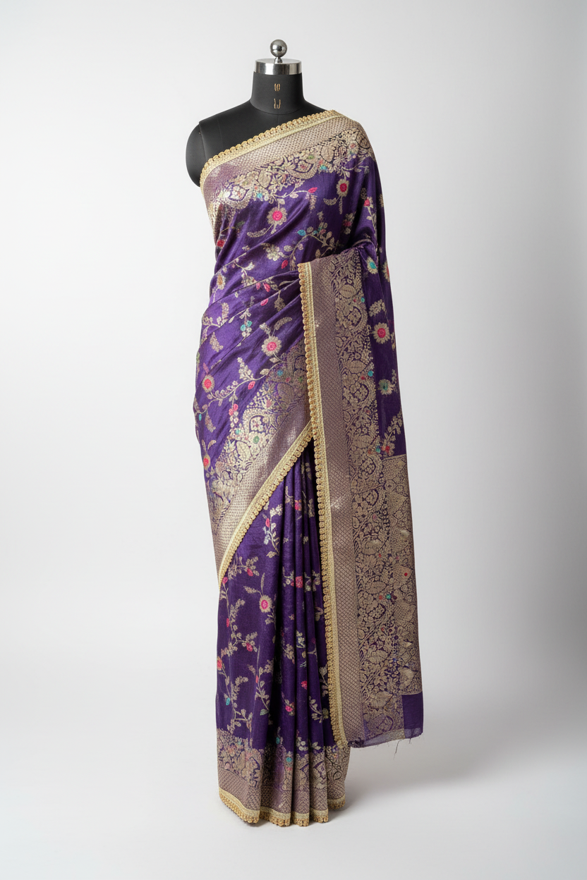 Light Purple Premium Dupion Silk Lace Work Banarasi Saree
