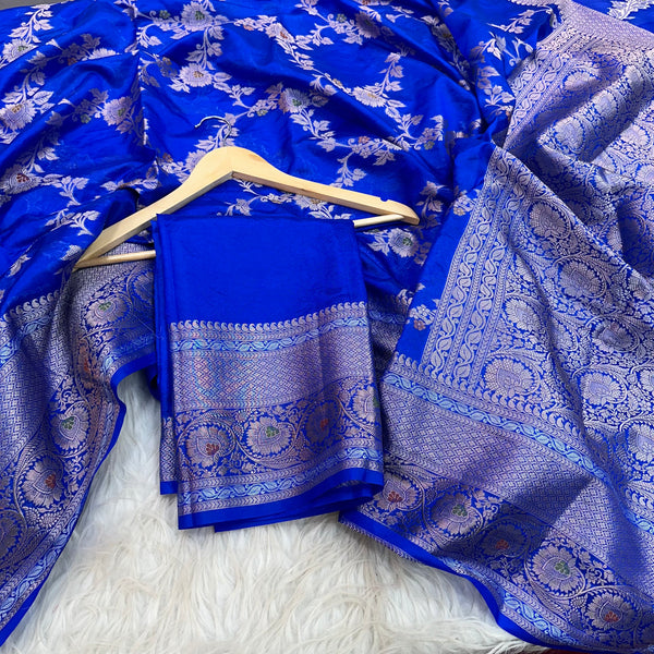 Bright Blue Chinia Silk Banarasi Saree