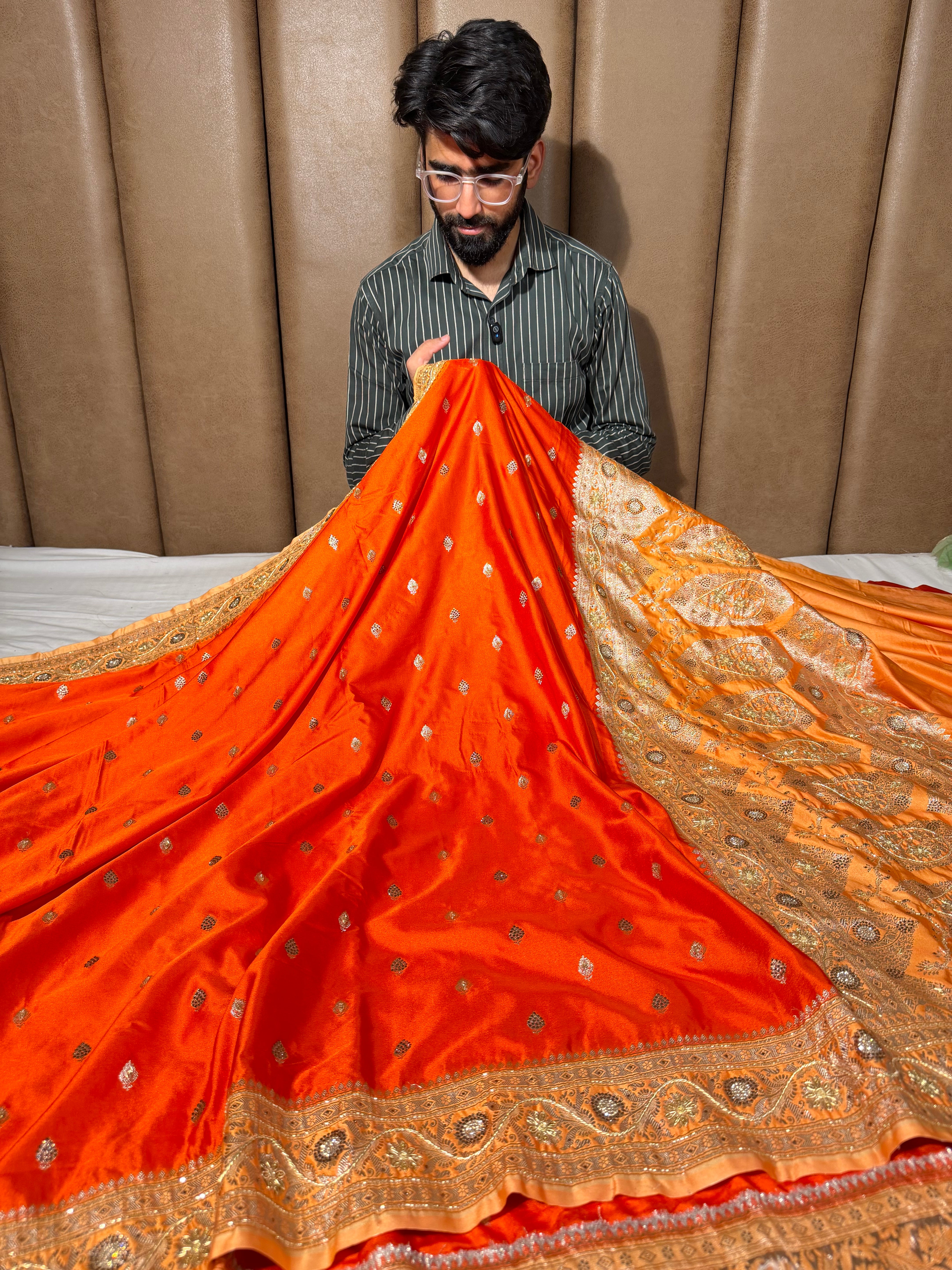 Bright Orange Mashru Katan Premium Handwork Saree