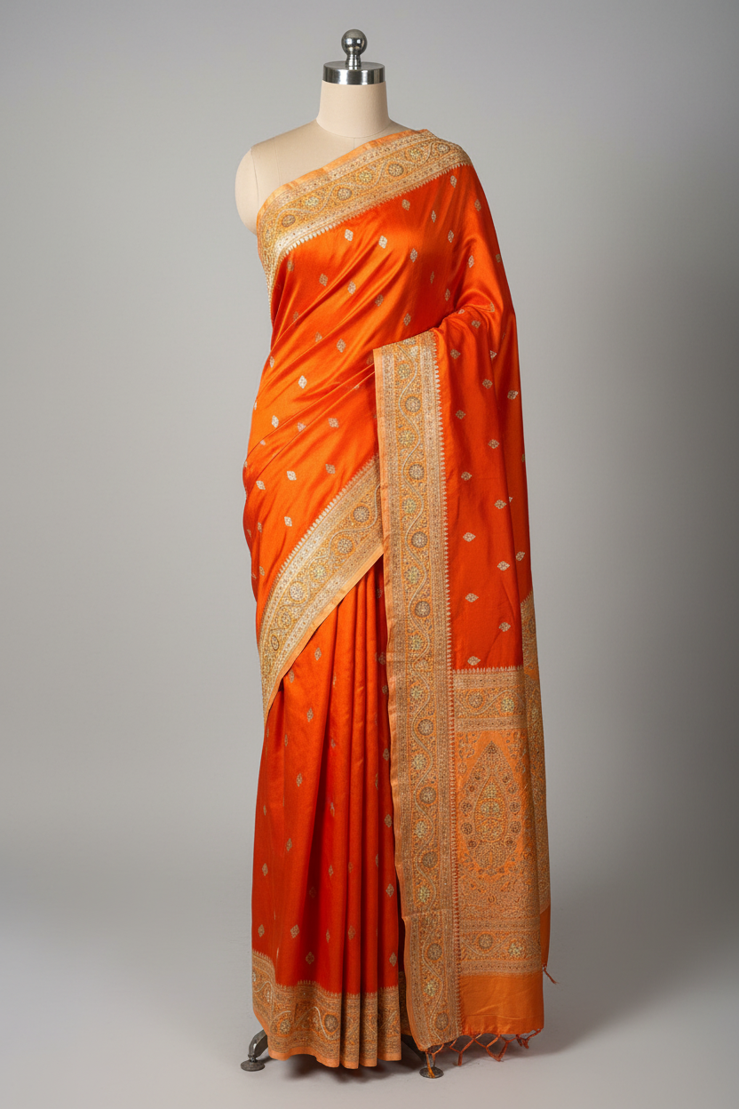 Bright Orange Mashru Katan Premium Handwork Saree