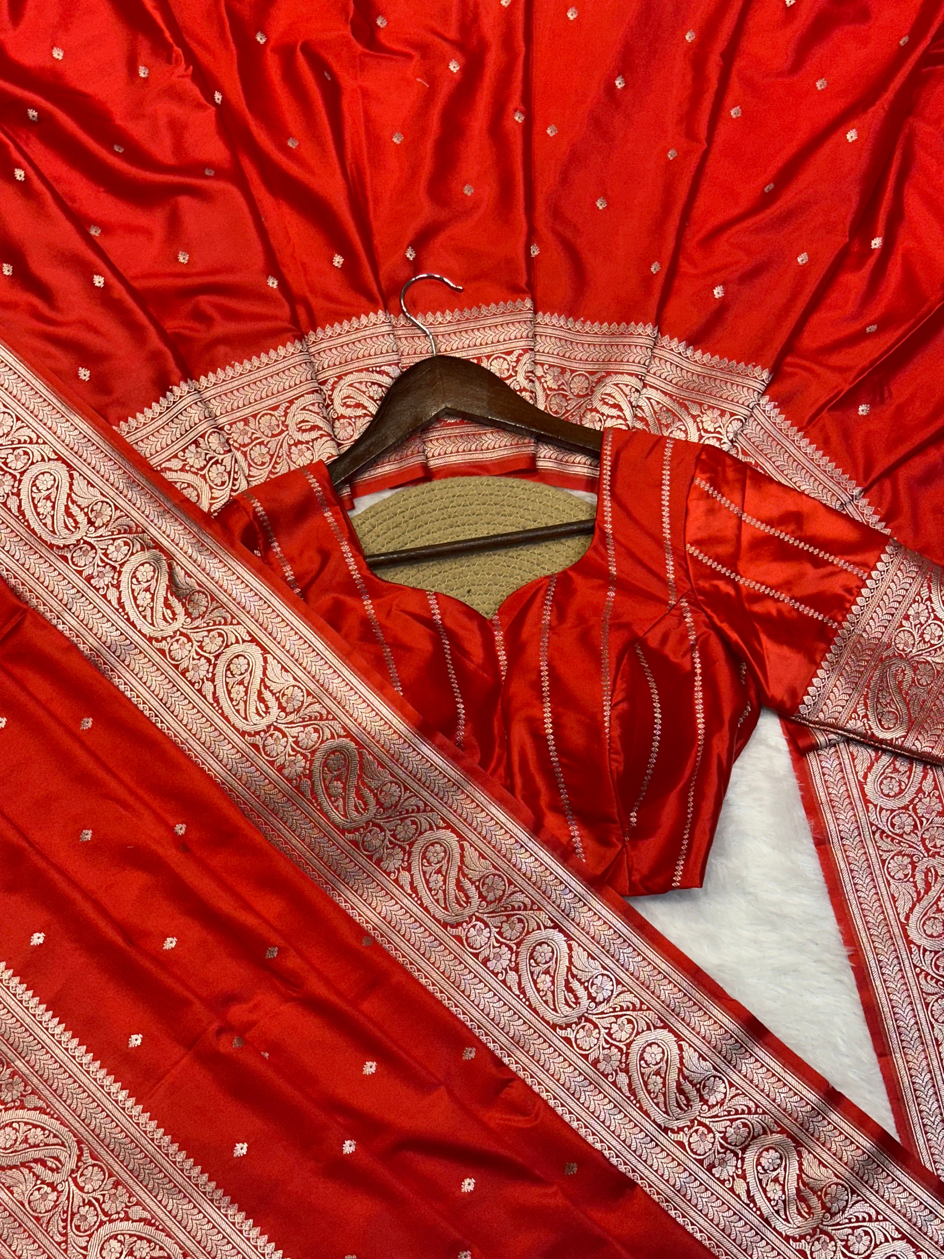 Bridal Red Mashru Katan Silk Banarasi Saree