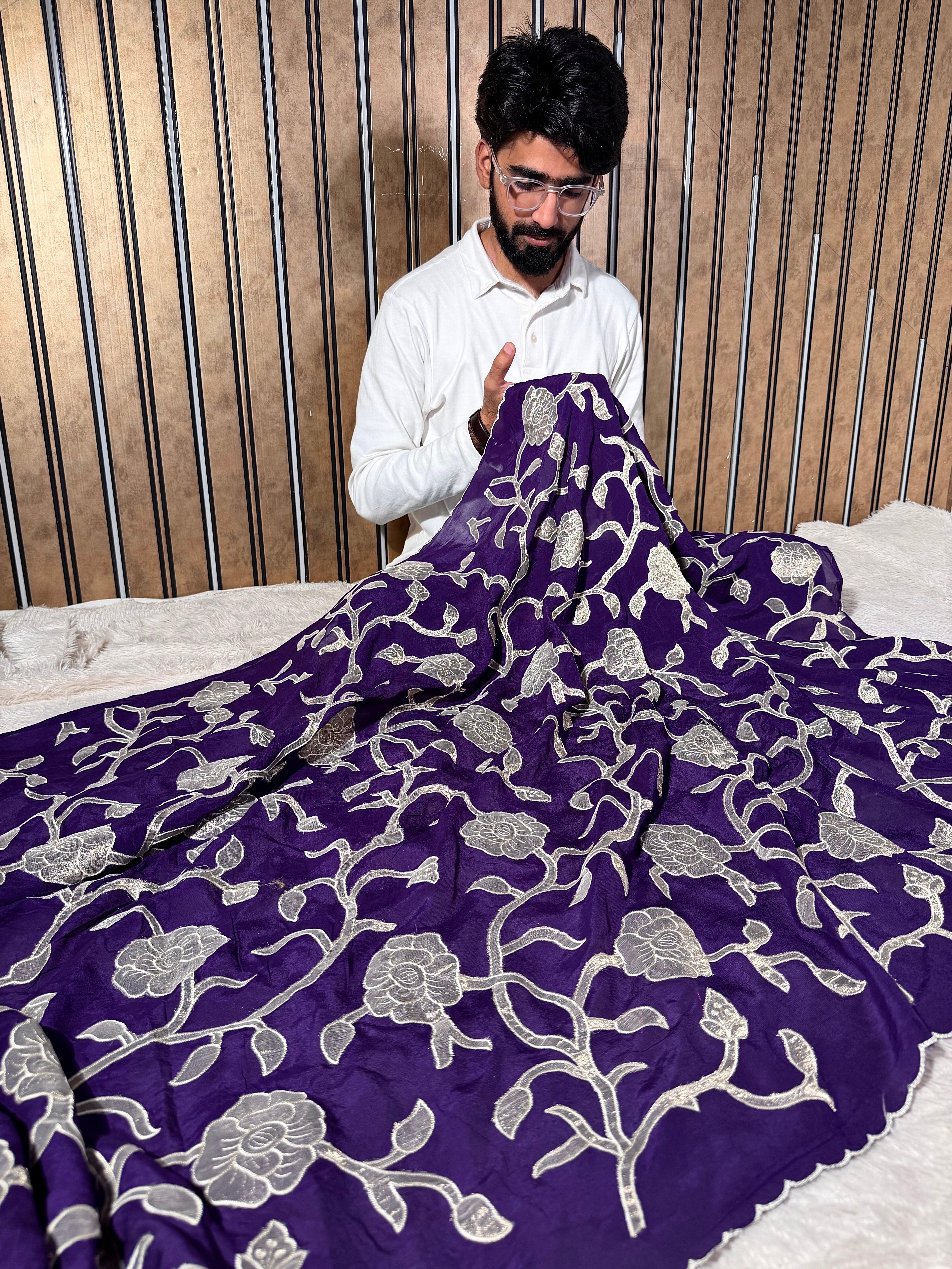 Bright Purple Khaddi Georgette Appliqué Work Saree