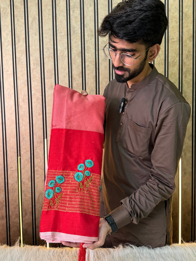 Red Shaded Soft Tissue Silk Embroidered Saree