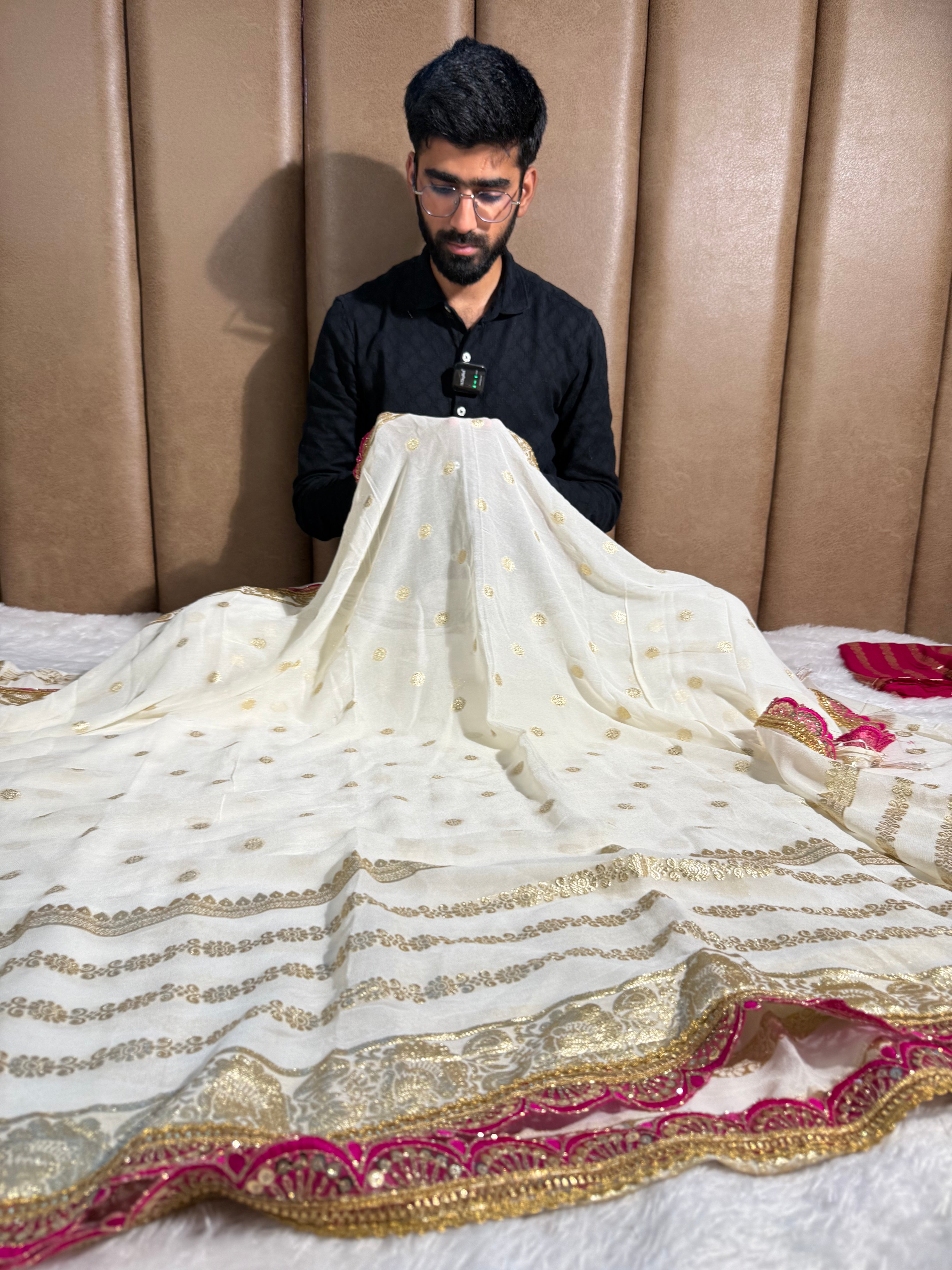 Off White Viscose Georgette Designer Lace Work Banarasi Saree