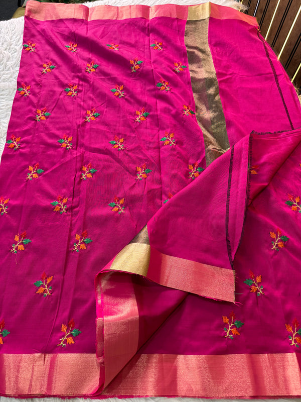 Rani Pink Softsilk Embroidered Saree