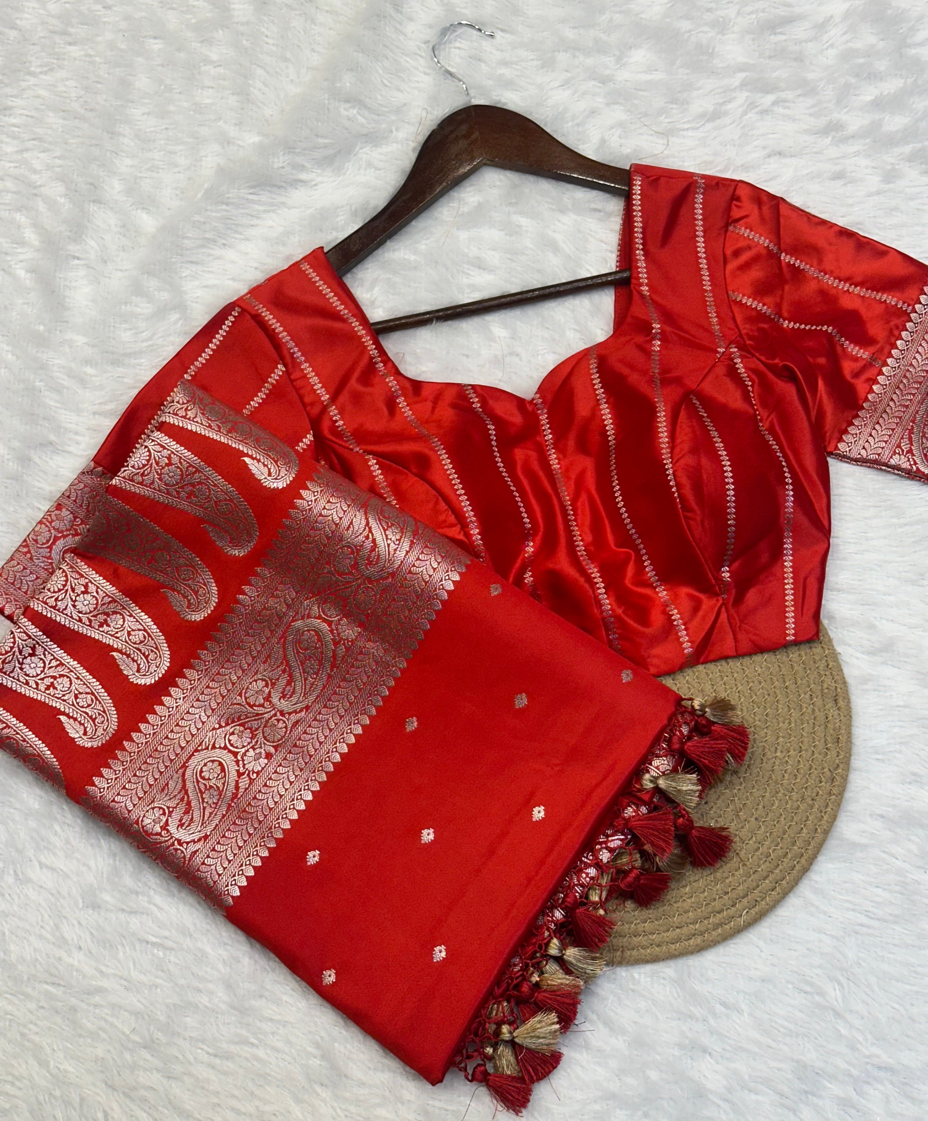 Bridal Red Mashru Katan Silk Banarasi Saree
