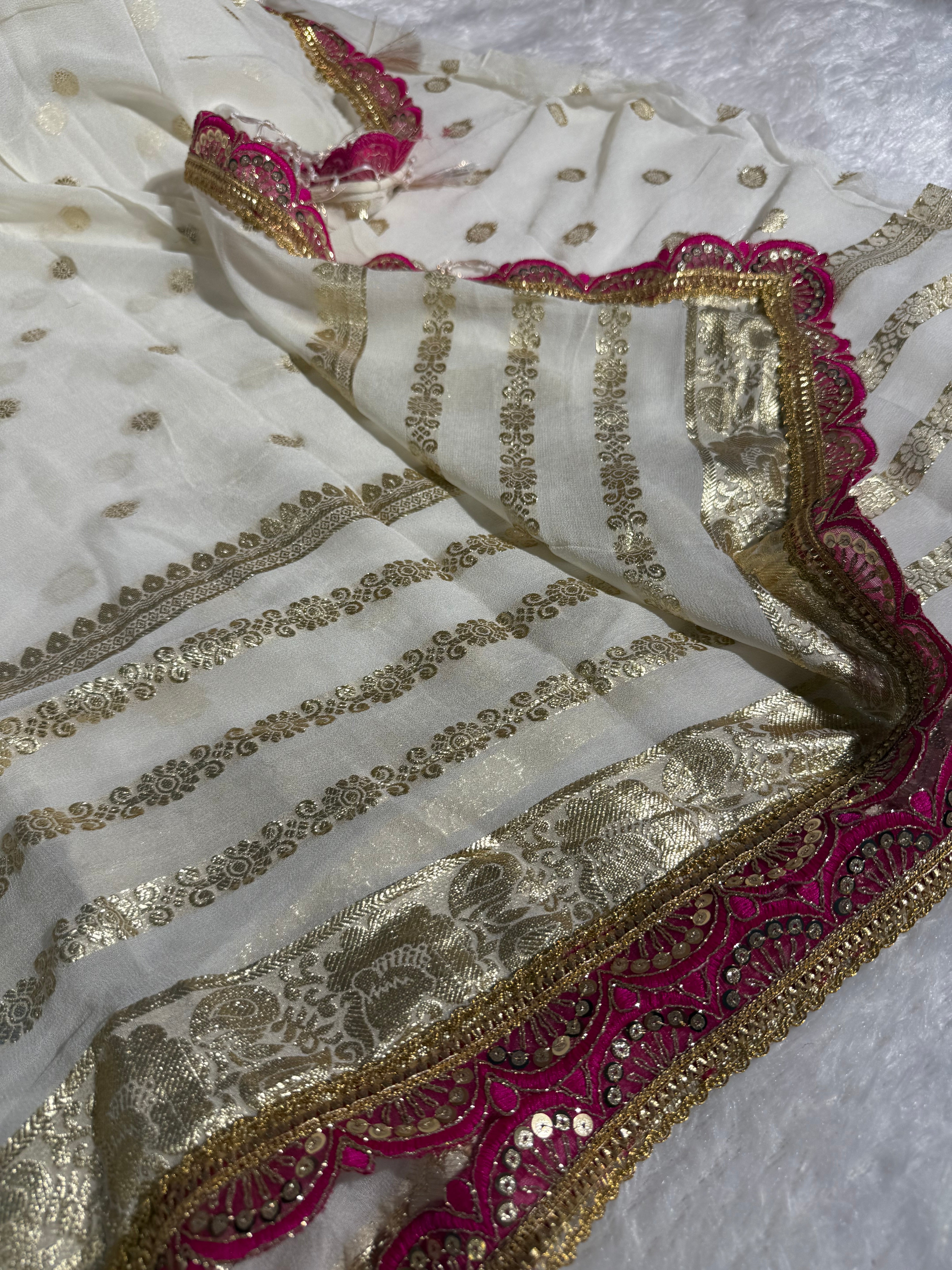 Off White Viscose Georgette Designer Lace Work Banarasi Saree