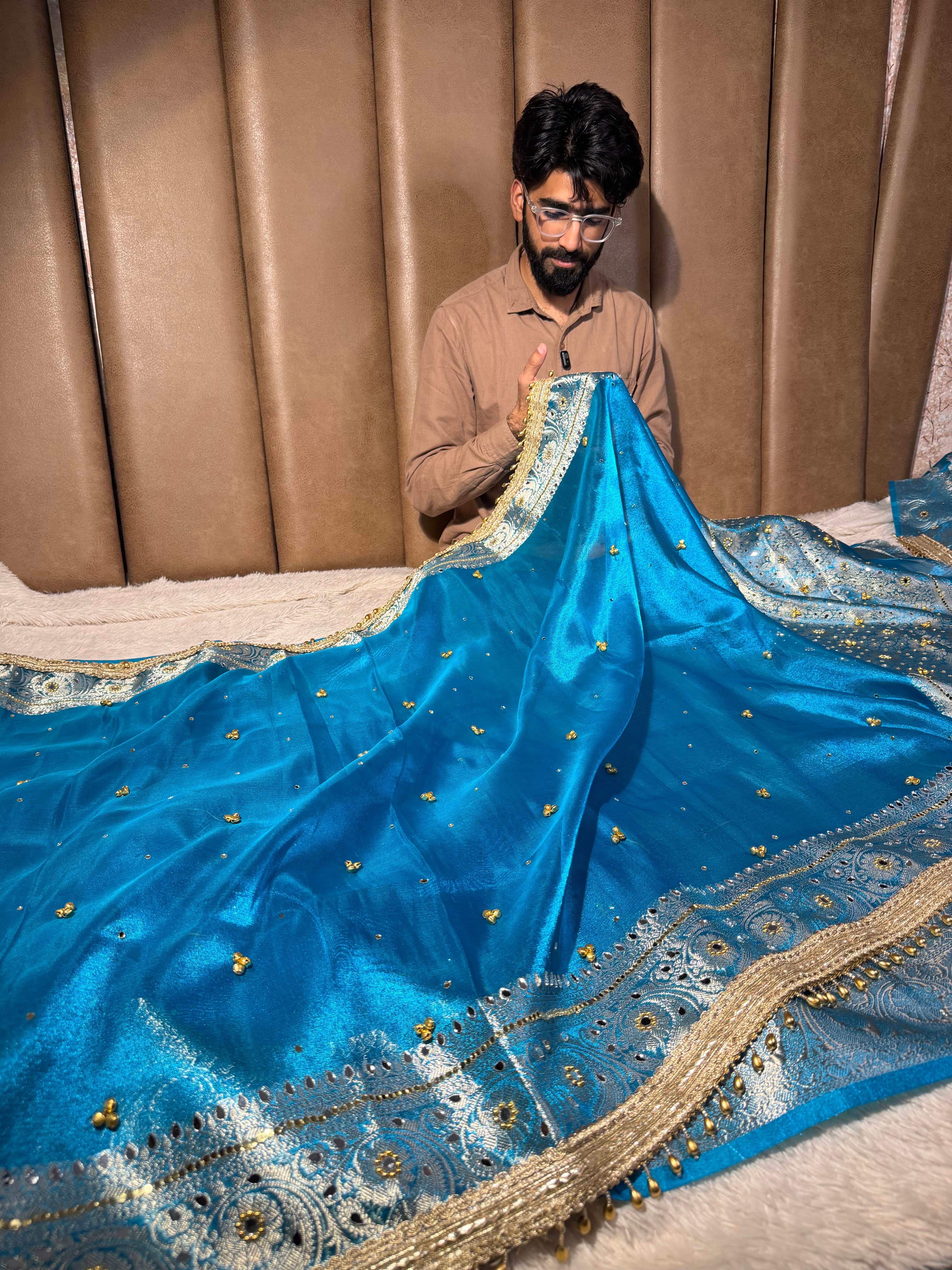 Firozi Blue Kora Tissue Viral Ghungroo Saree
