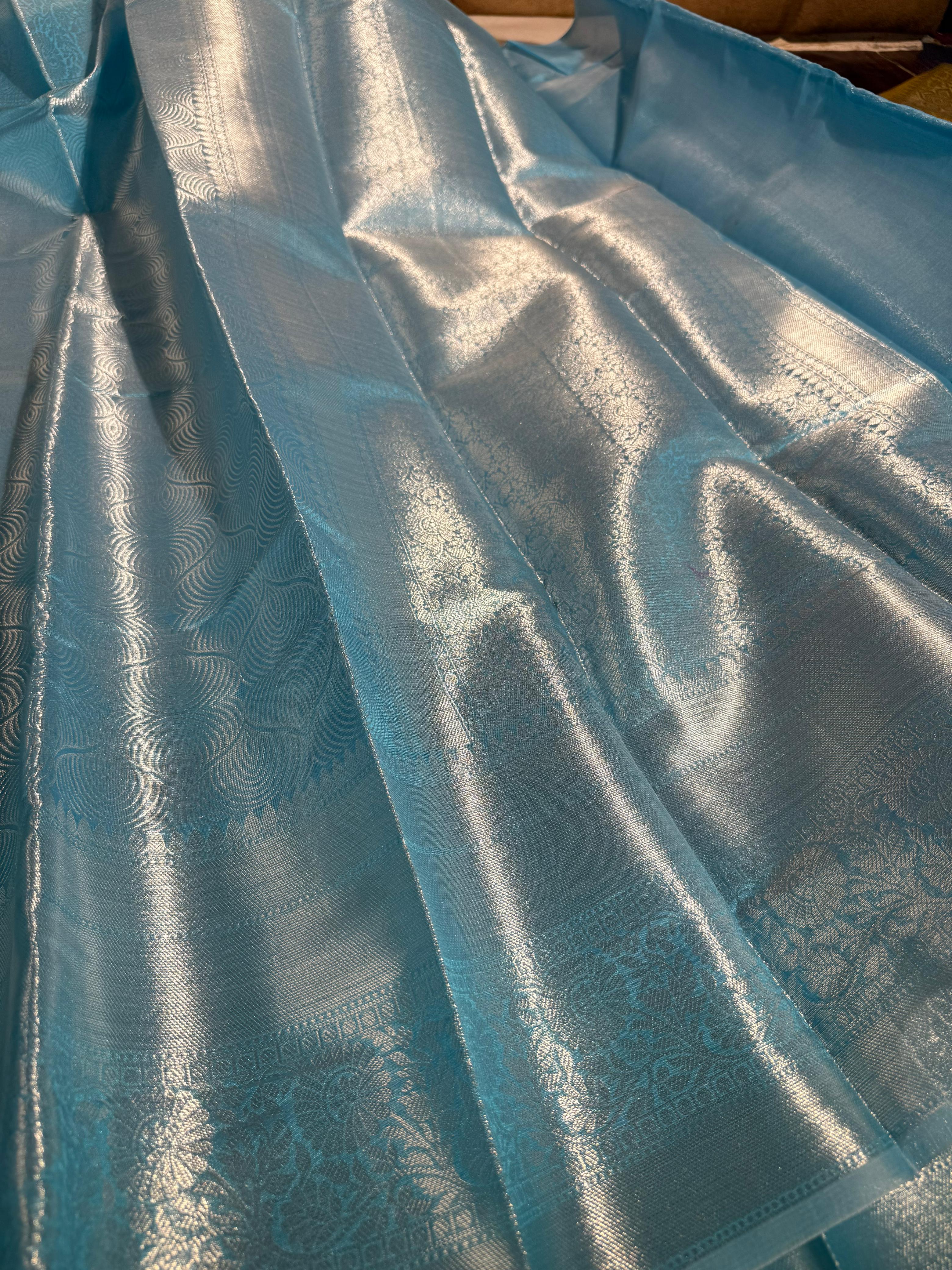 Firozi blue embossed glass tissue saree