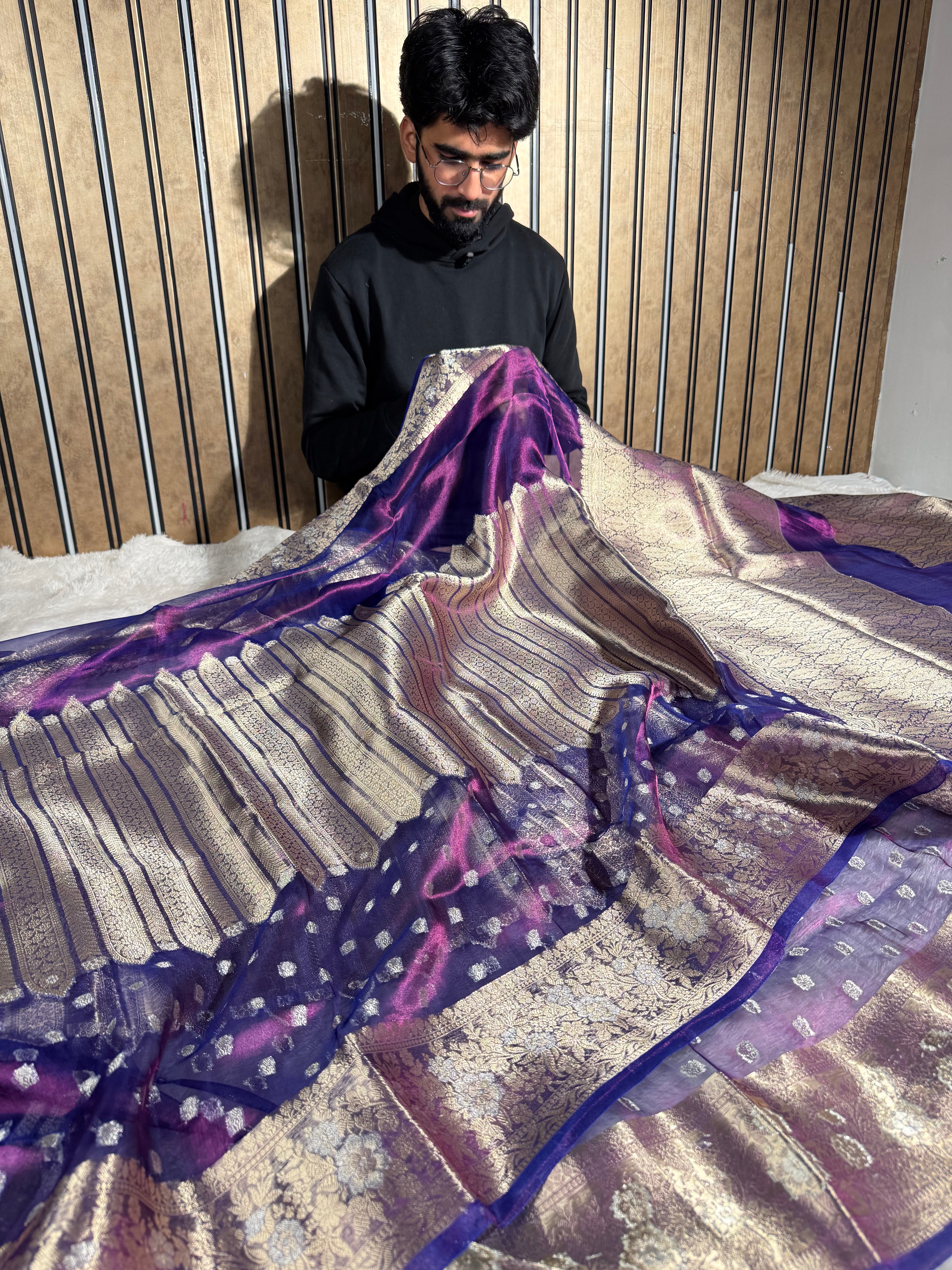 Baigani Pure Tissue Silk Contemporary Body Weave Banarasi Saree