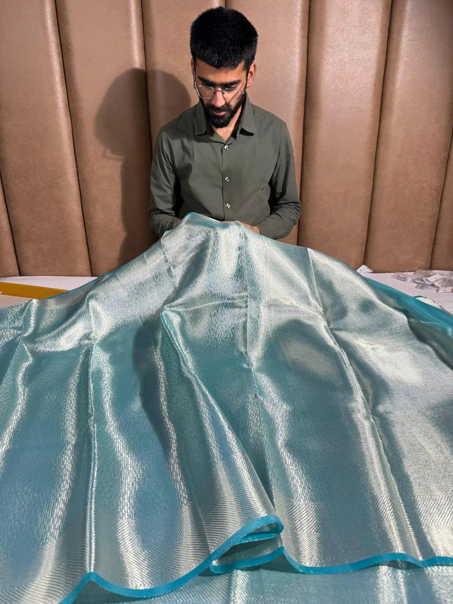 Sea green brocade tissue silk saree