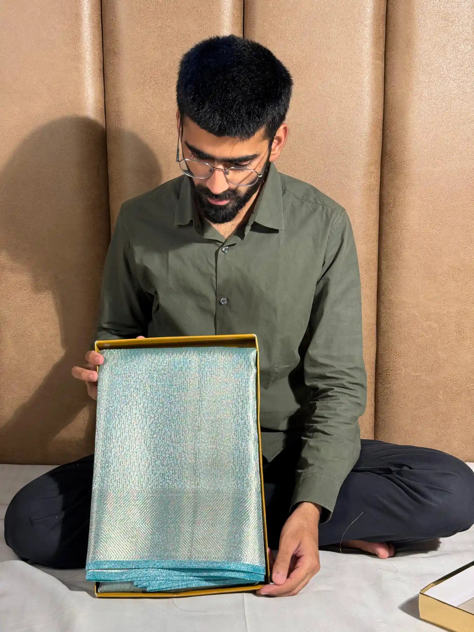 Sea green brocade tissue silk saree