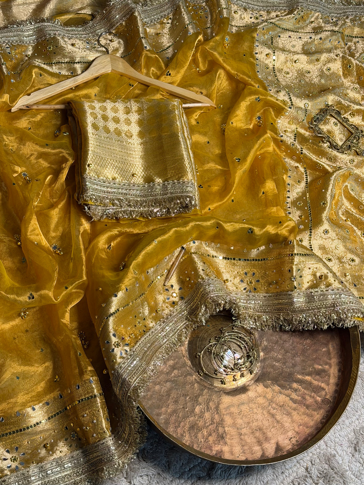 Bright Yellow Pure Tissue Ghungroo Mirror Work Saree