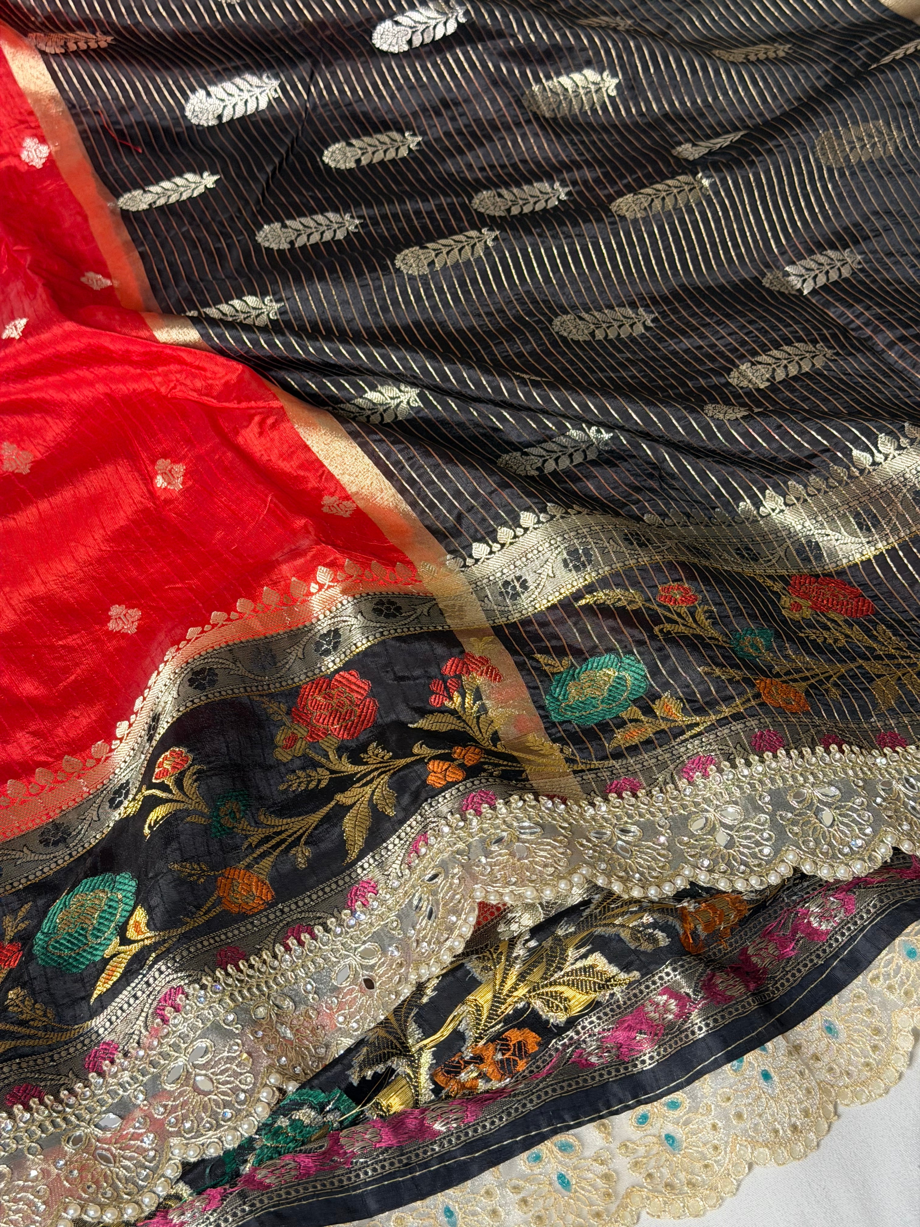 Red Black Premium Dupion Silk Lace Work Saree