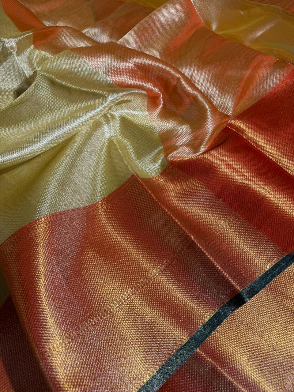 Metallic Contrast Shade Tissue Silk Traditional Weave Kanjivaram Banarasi Saree