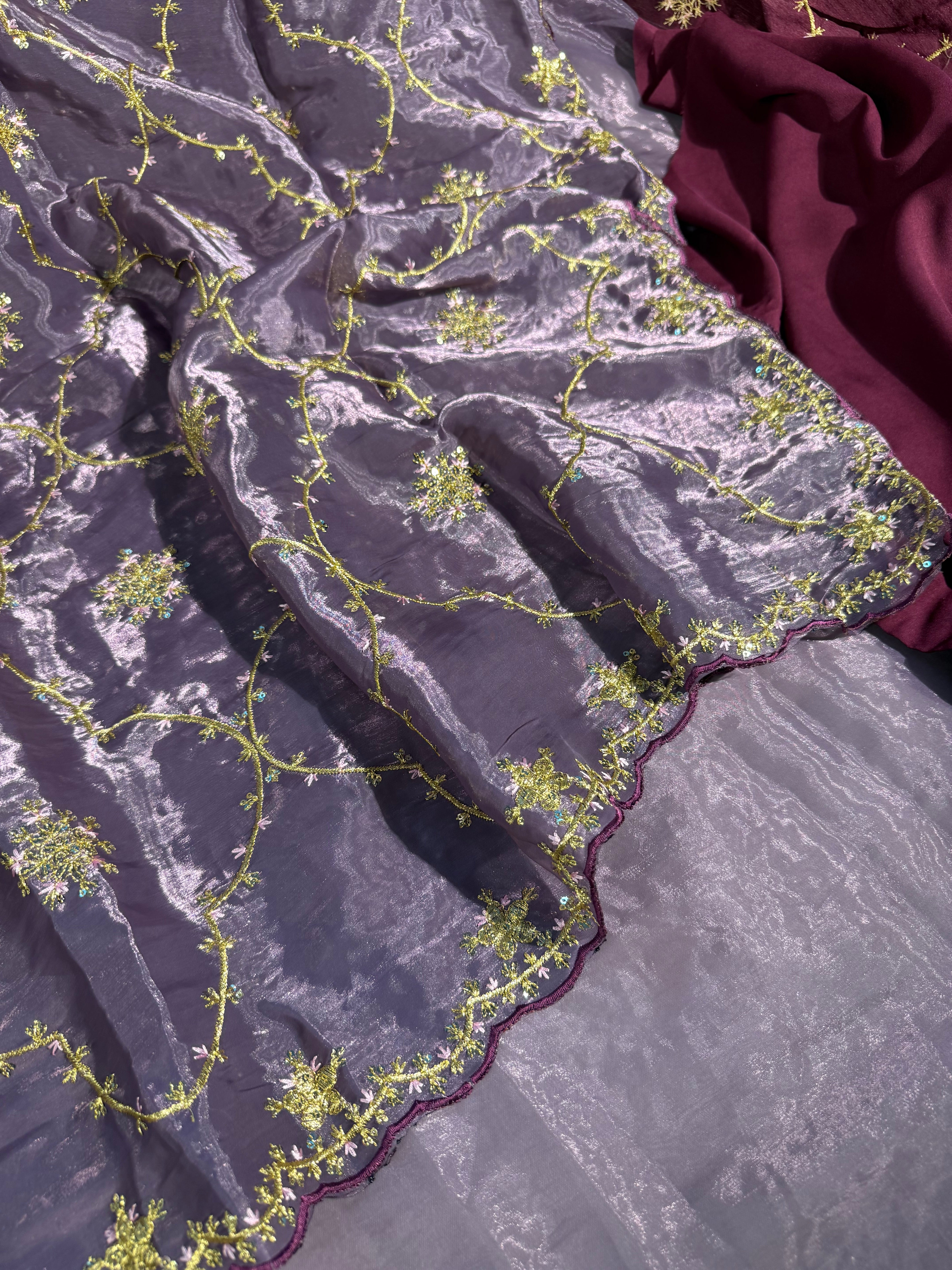Dusty Lavender Shimmery Tissue Designer Saree