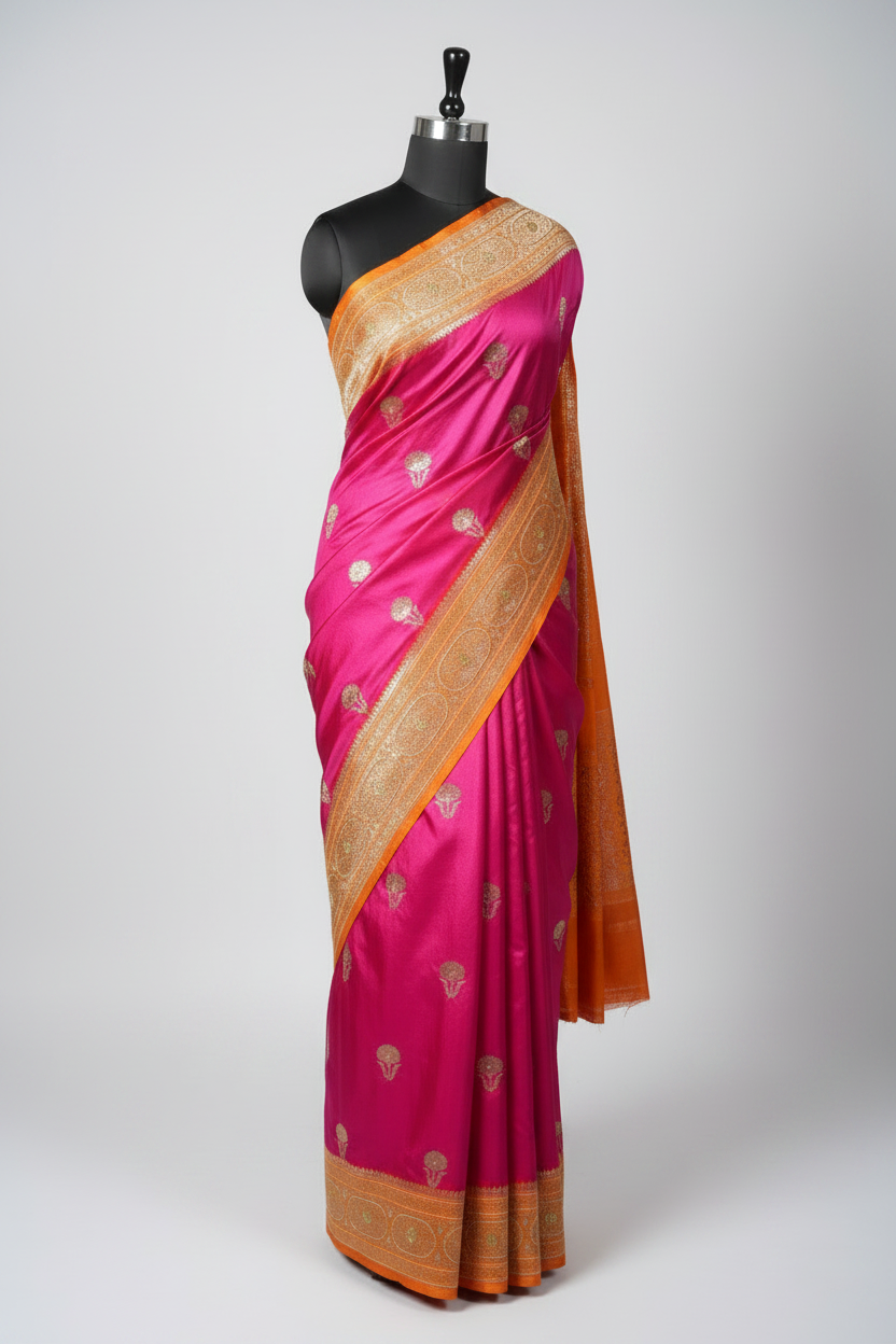 Rani Orange Mashru Katan Premium Handwork Saree