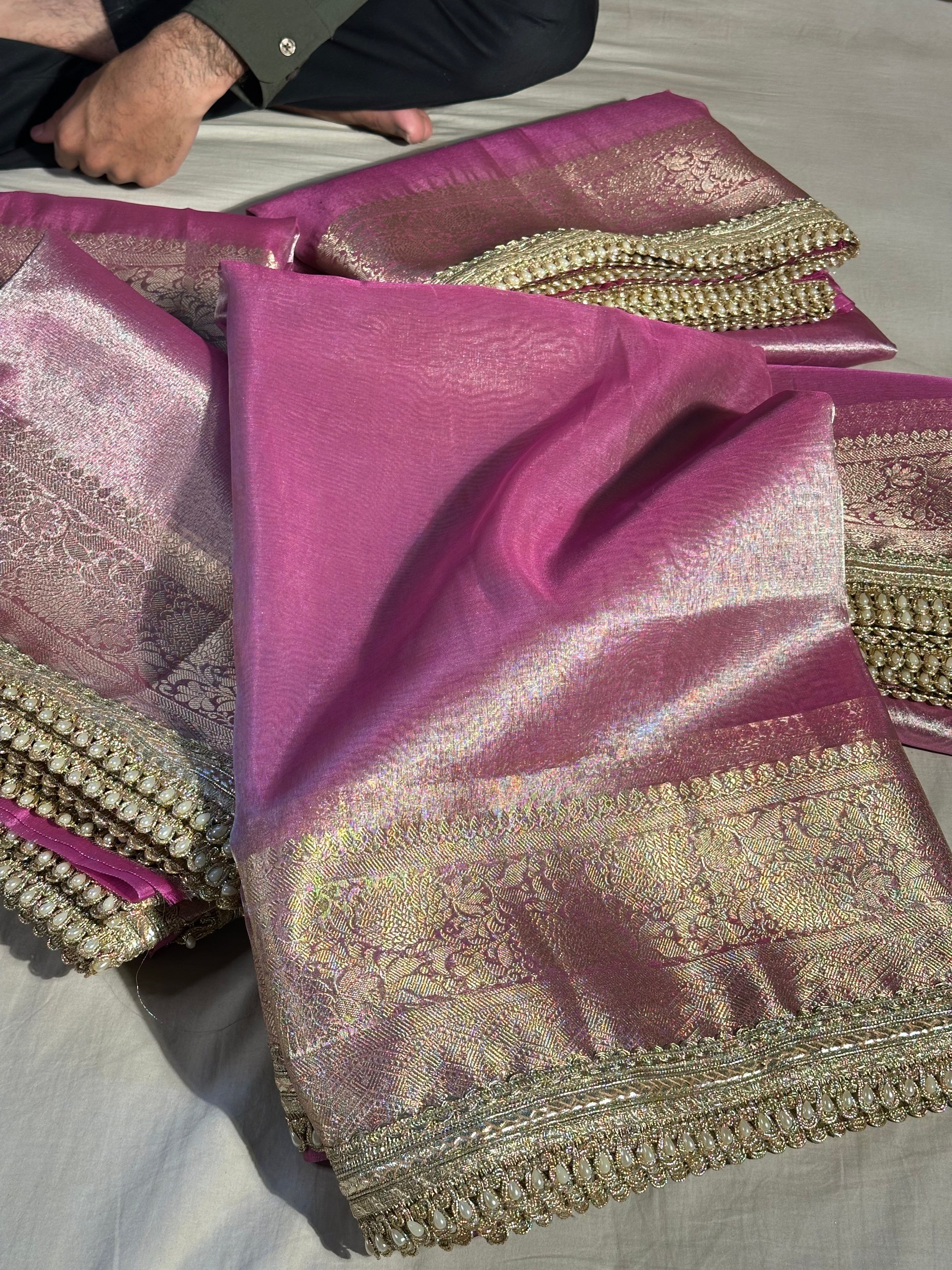 Metallic Pink Tissue Silk Lace Work Banarasi Saree