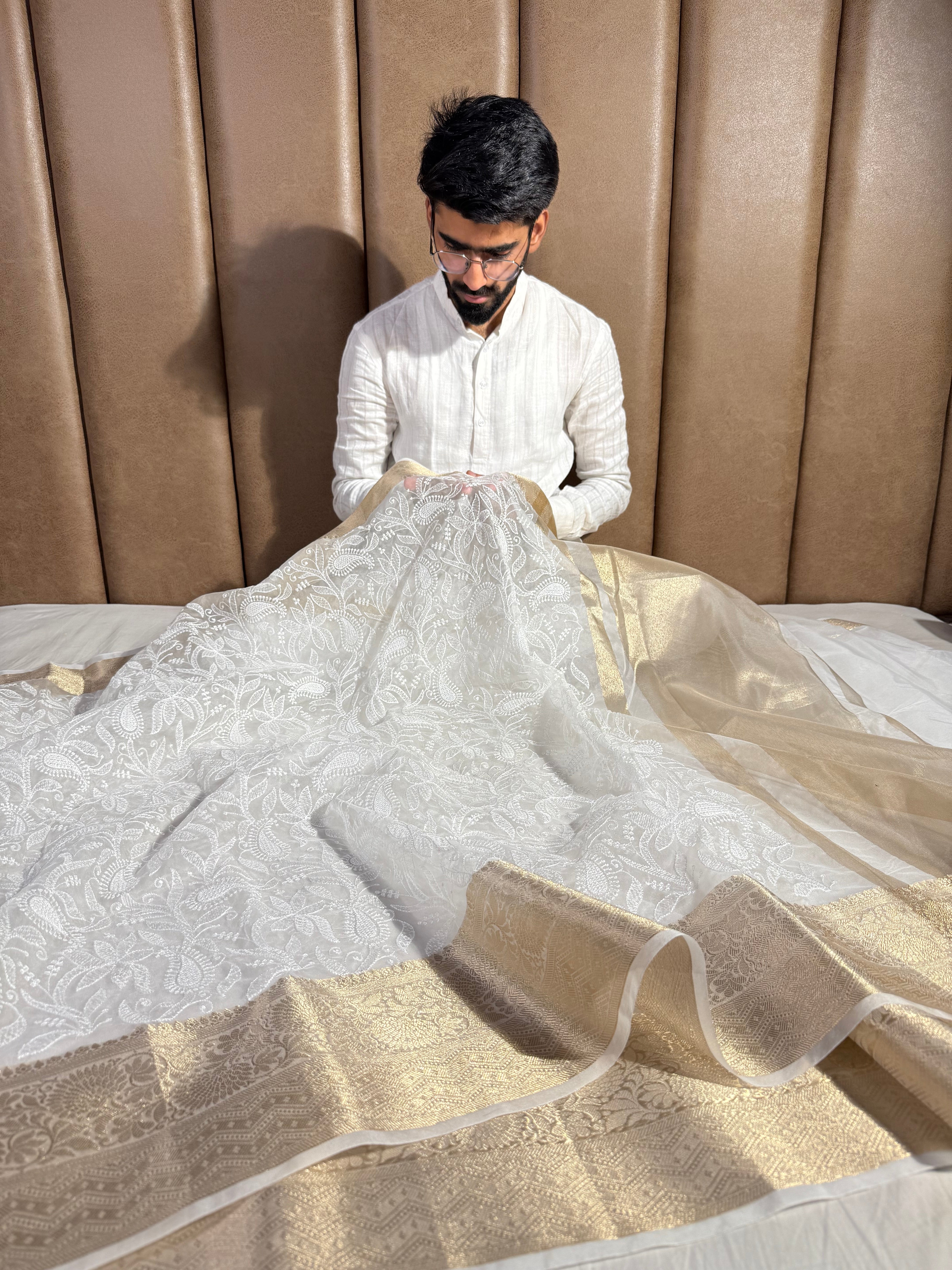 White Kora Organza Silk Chikankar Saree