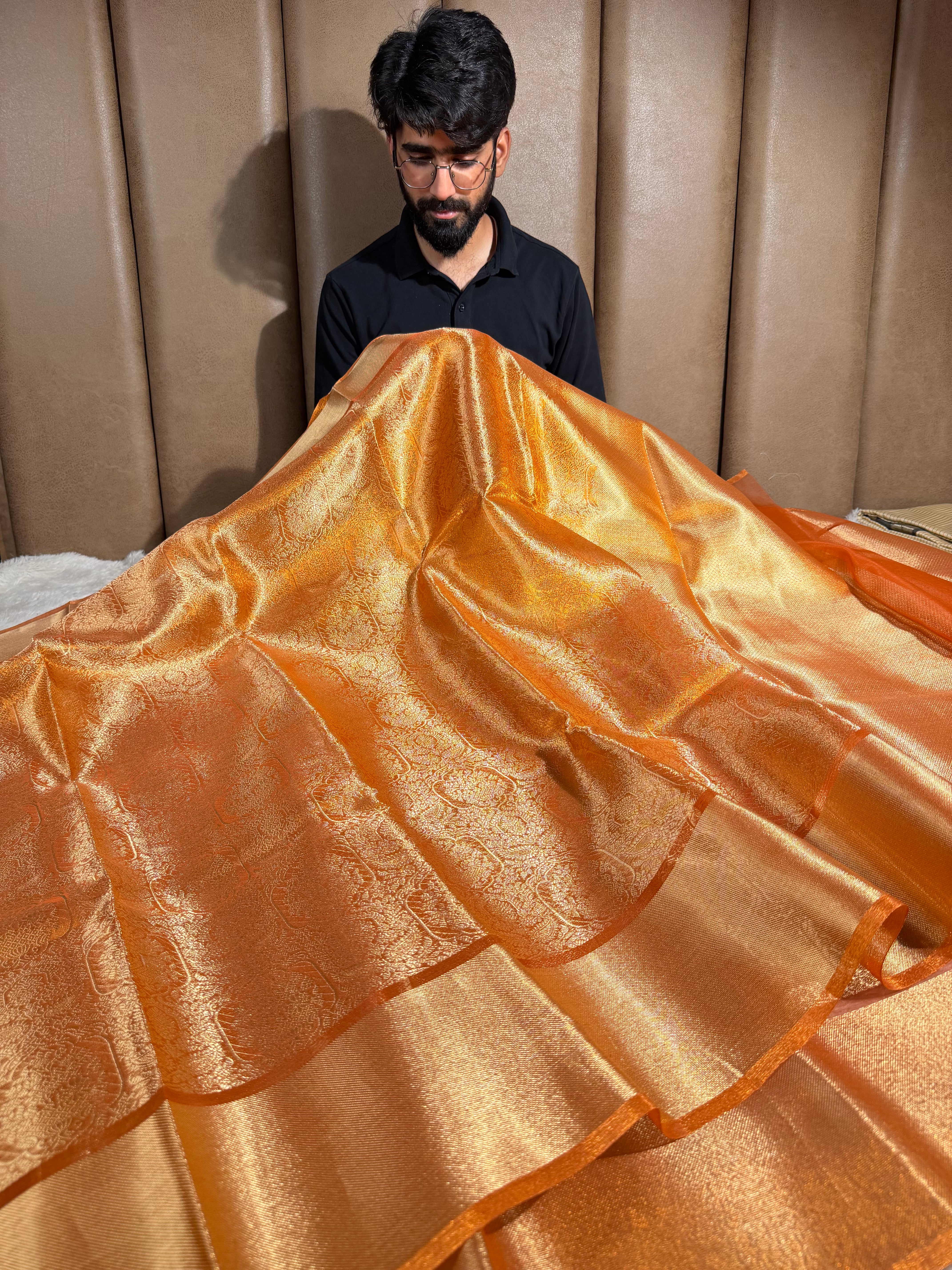 Metallic Orange Kanjivaram Brocade Tissue Saree