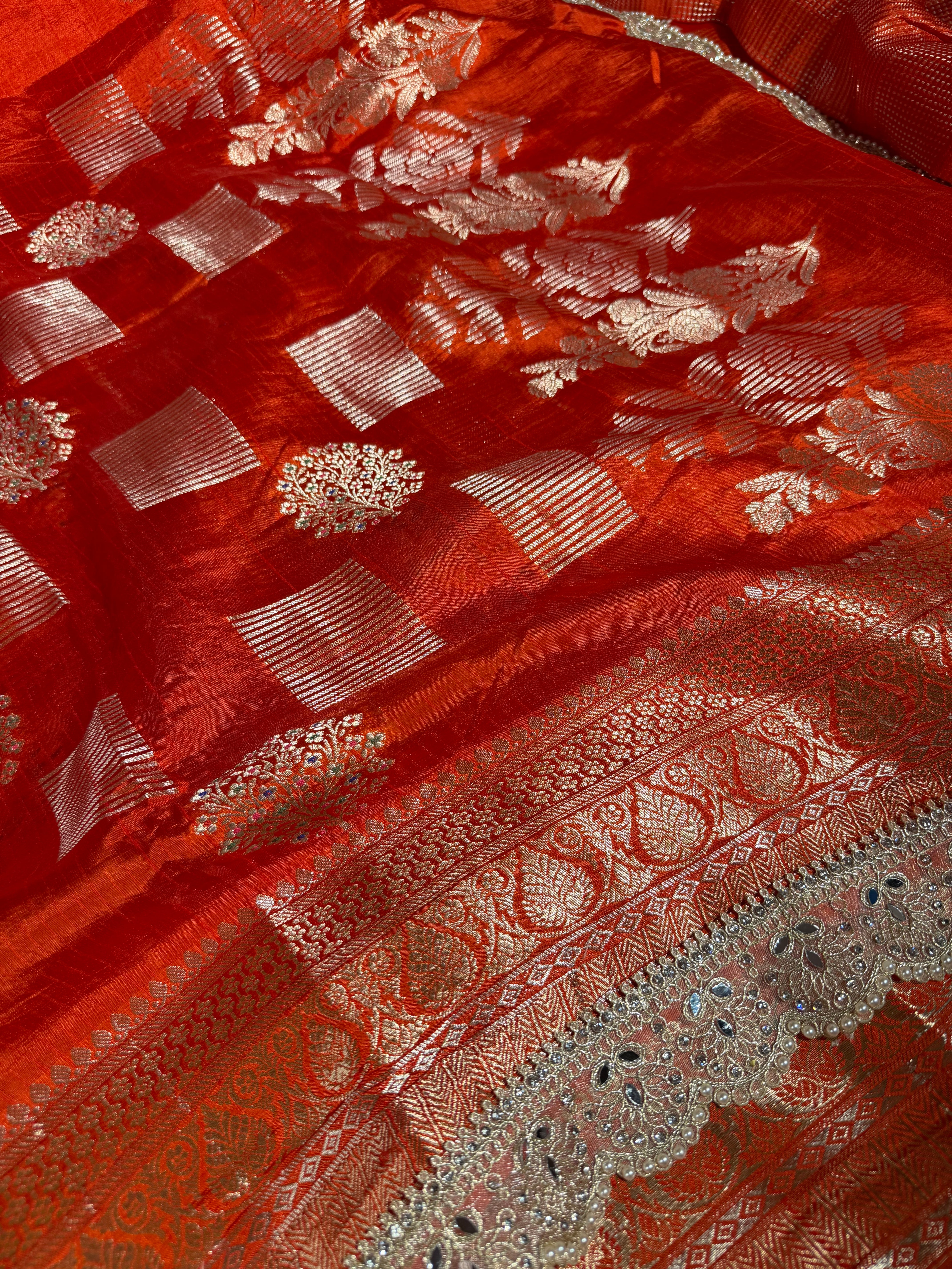 Bright Orange Dupion Silk Premium Designer Saree