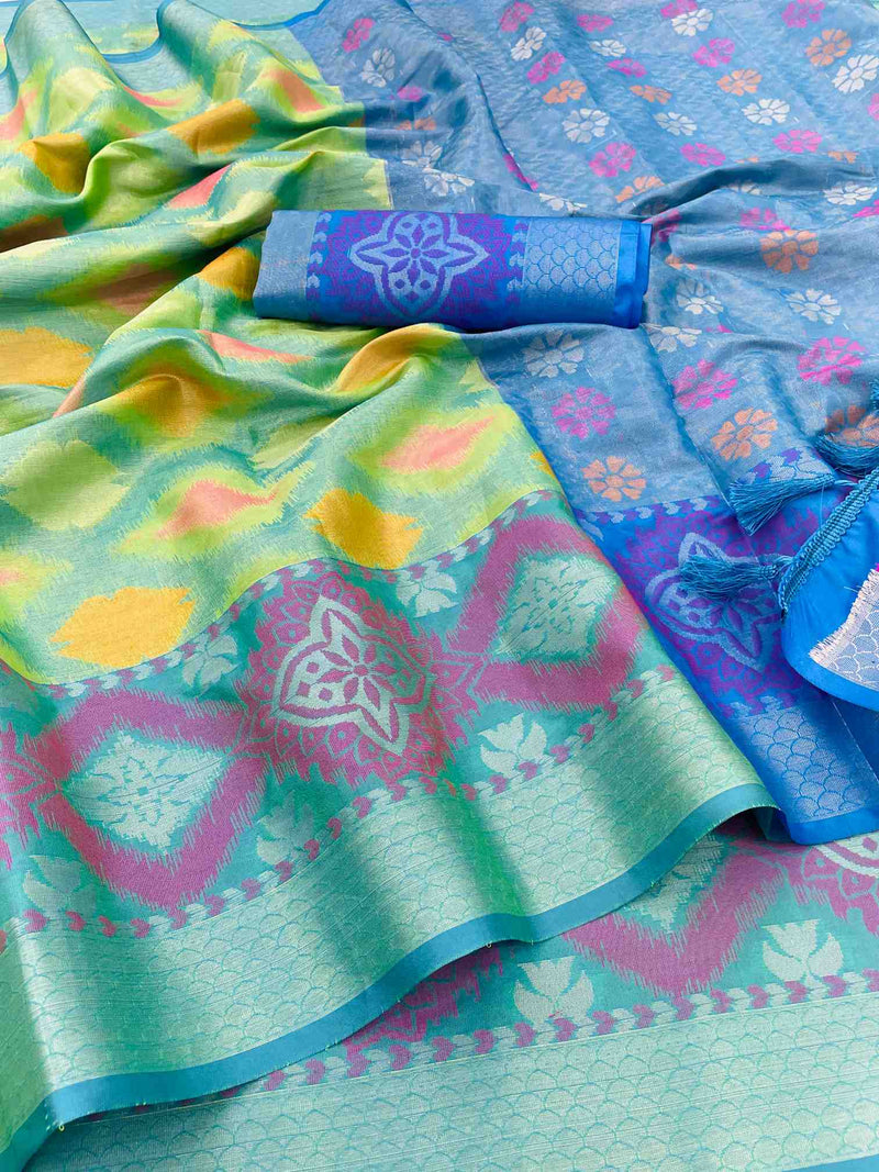 Sea Green Tissue Silk Multicolour Abstract Print Saree