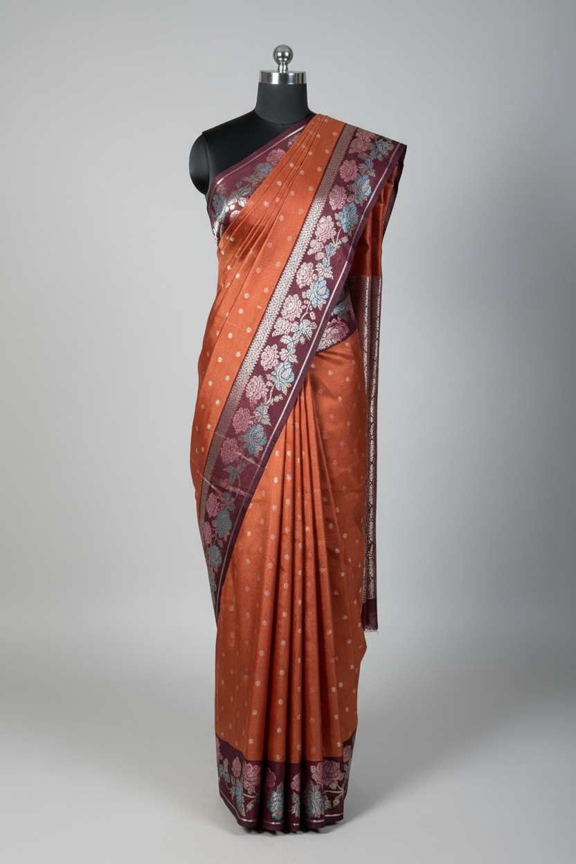 Rusted Coffee Shade Floral Jacquard Weave Banarasi Silk Saree