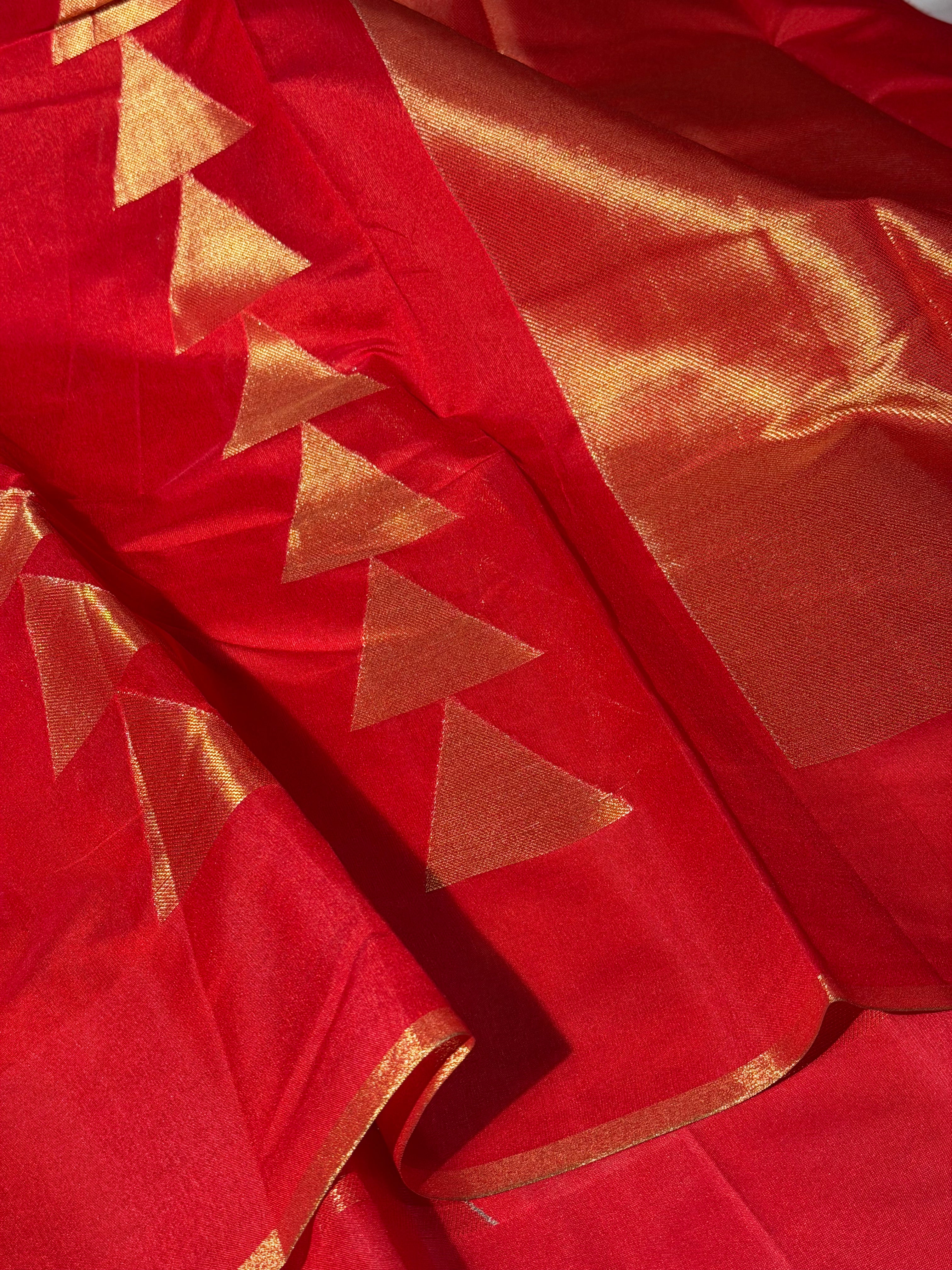 Bright Red Temple Buta Soft Cotton Banarasi Saree
