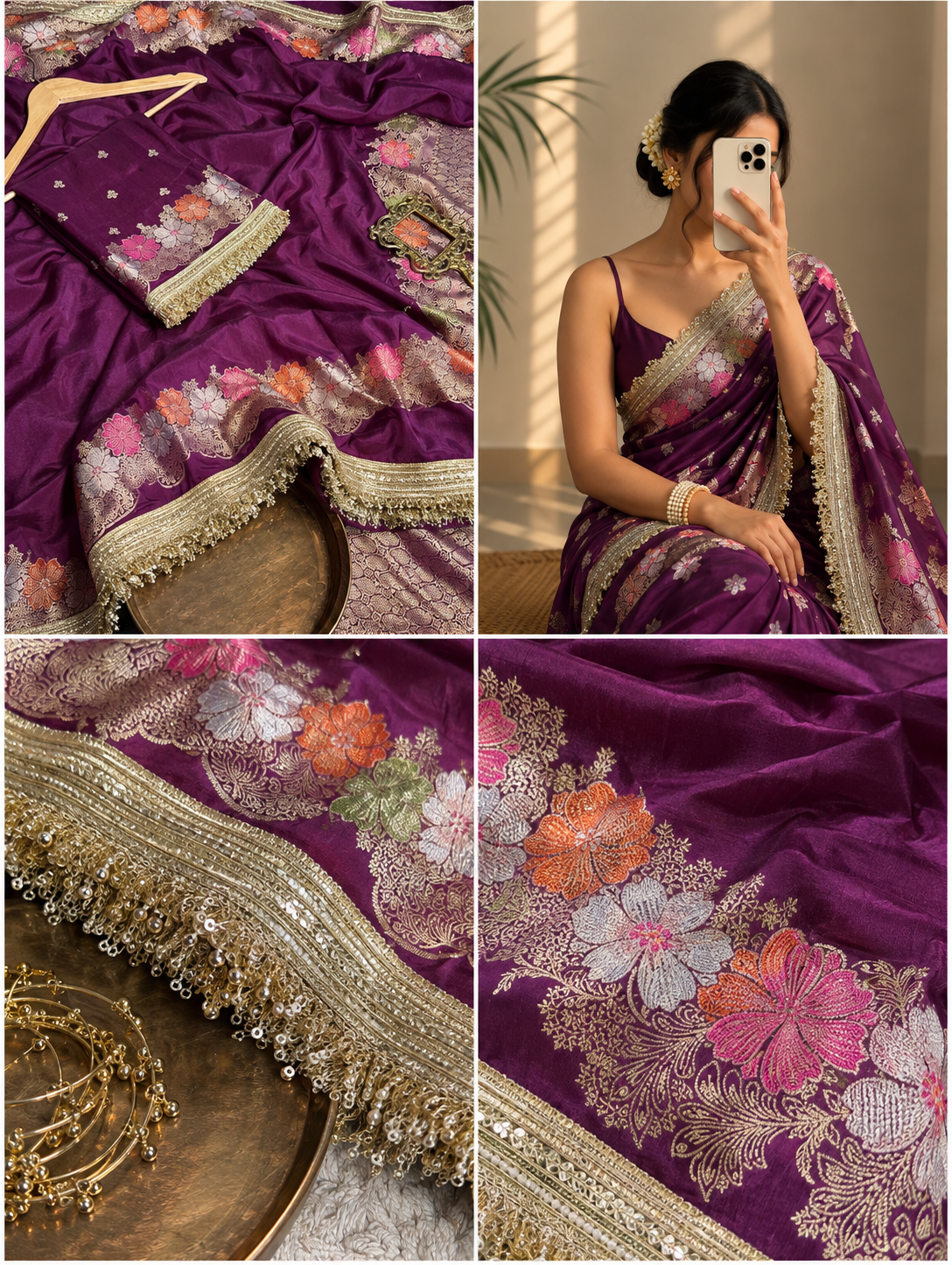 Bright Purple Warm Silk Contemporary Lace Work Saree