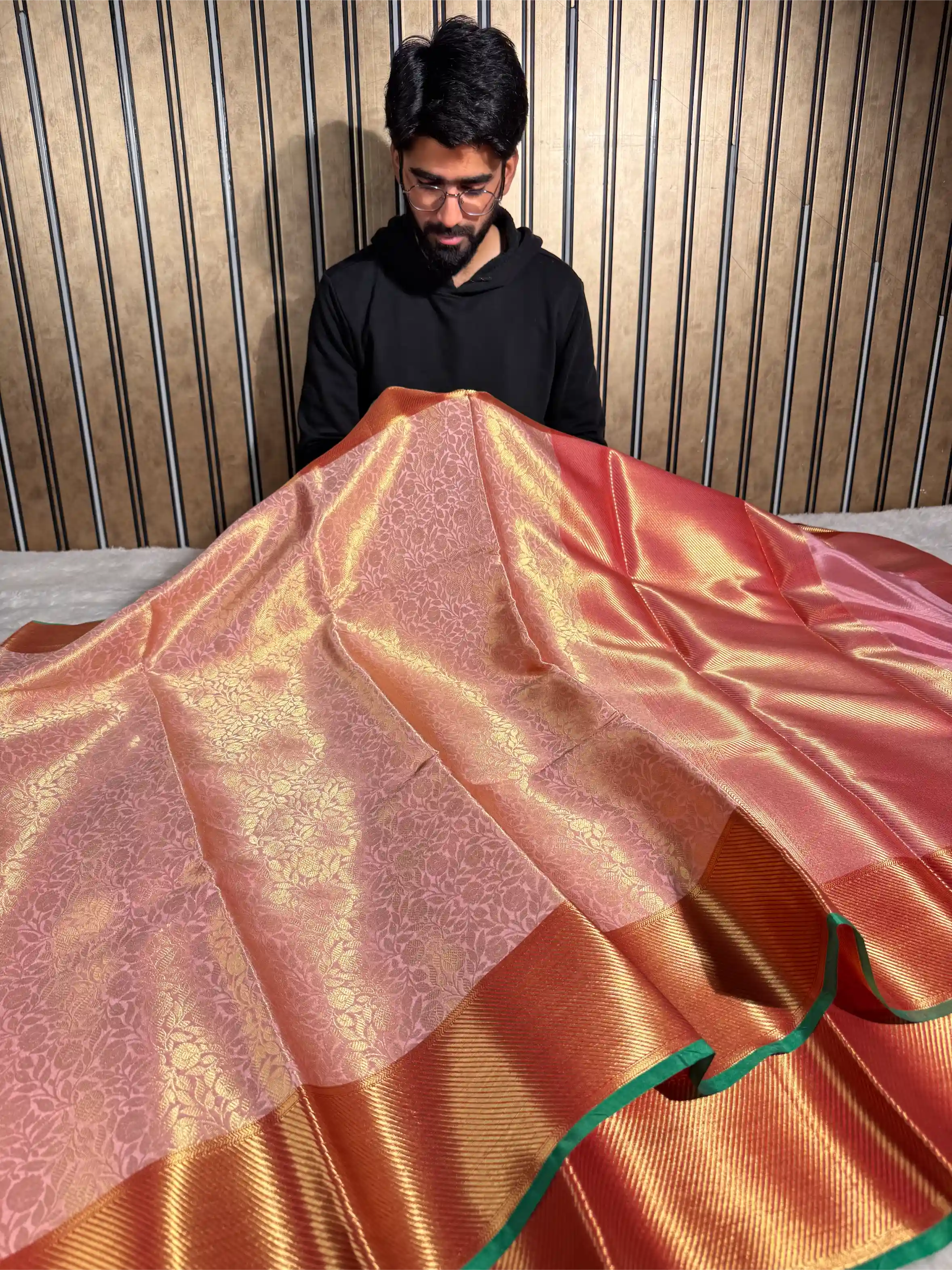 Mauve Peach Tissue Silk Floral Jaal Banarasi Saree