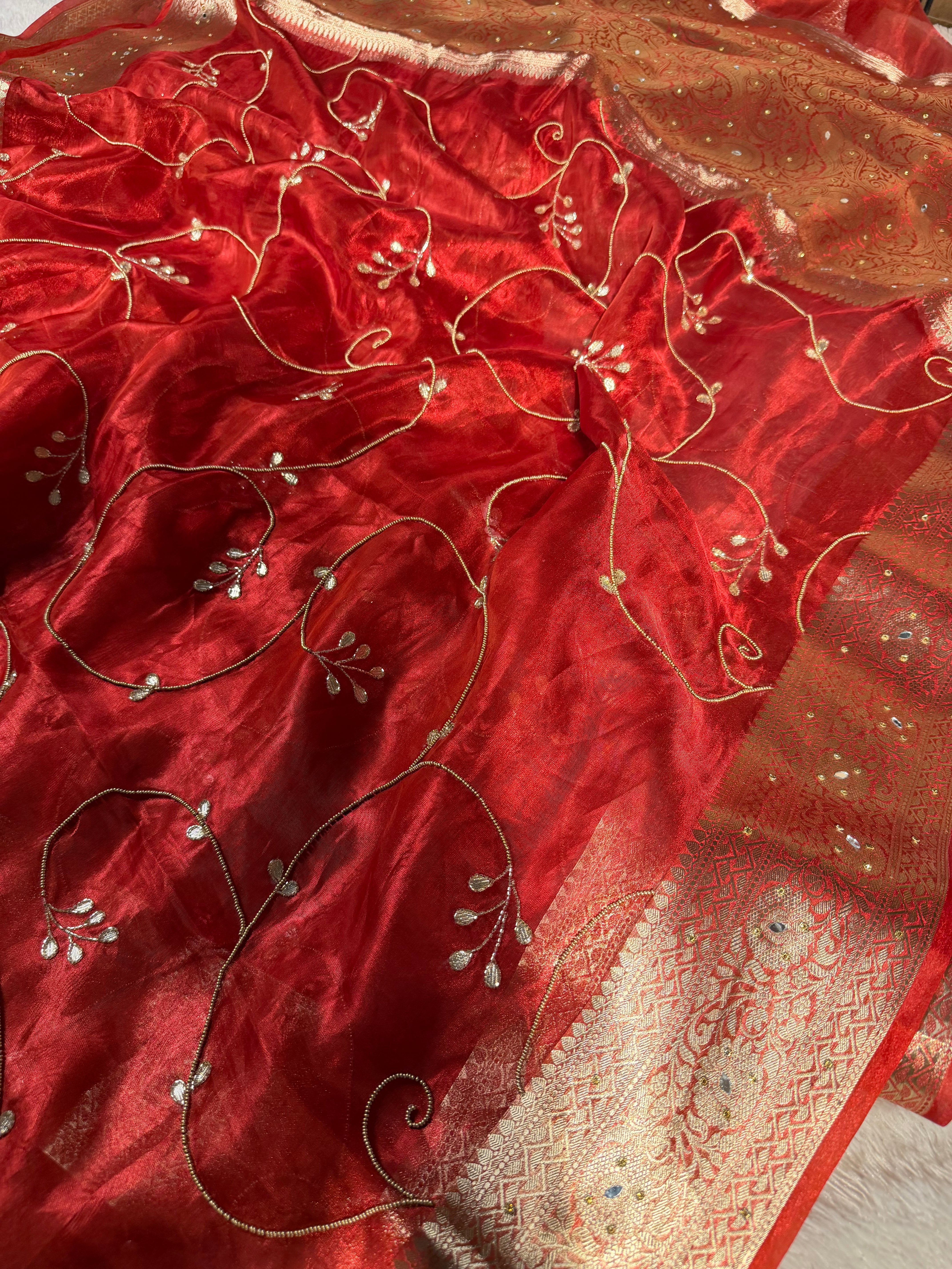 Carmine red pure tissue silk premium handwork saree