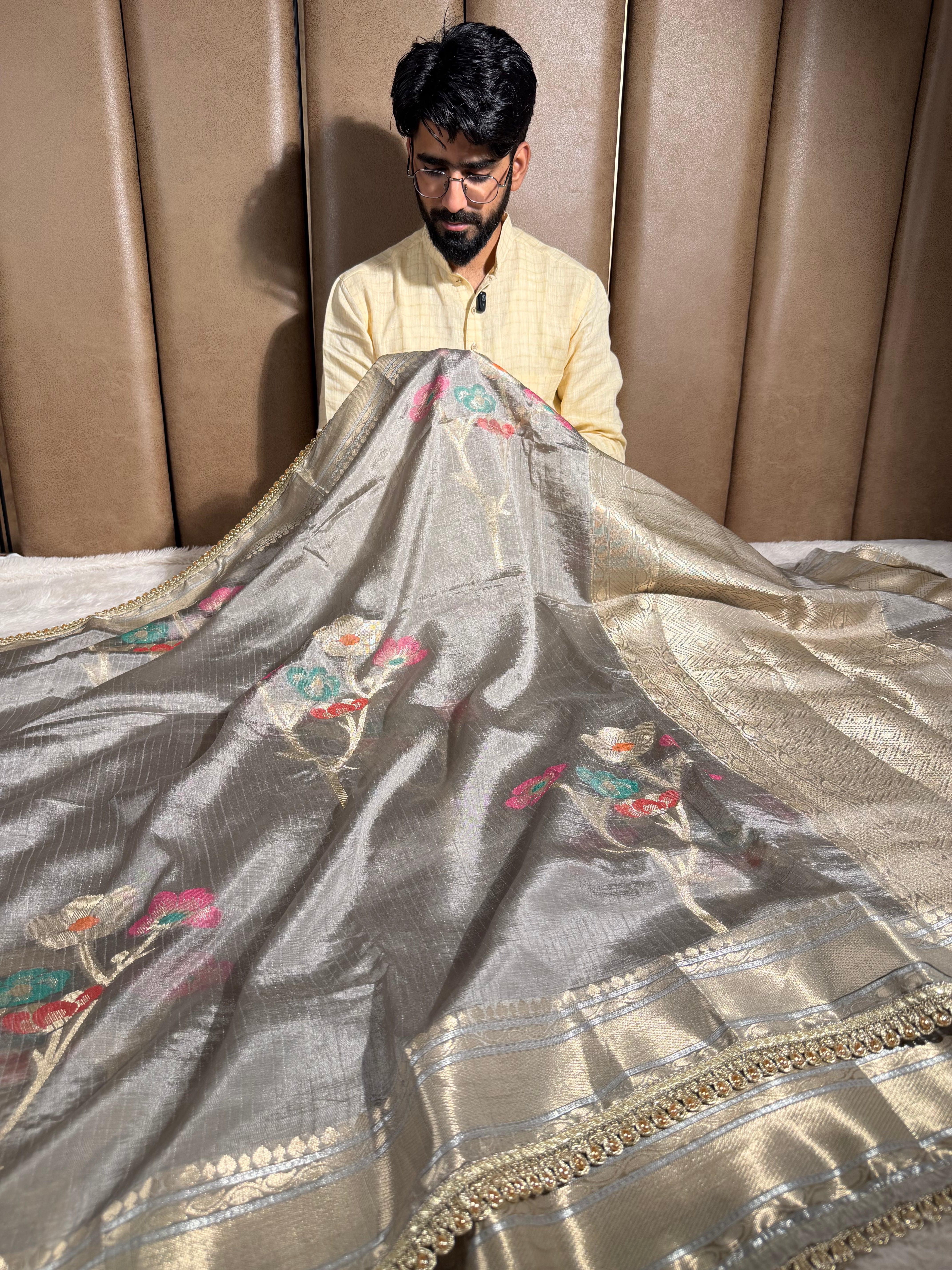 Rare Beige Dupion Silk Premium Designer Saree
