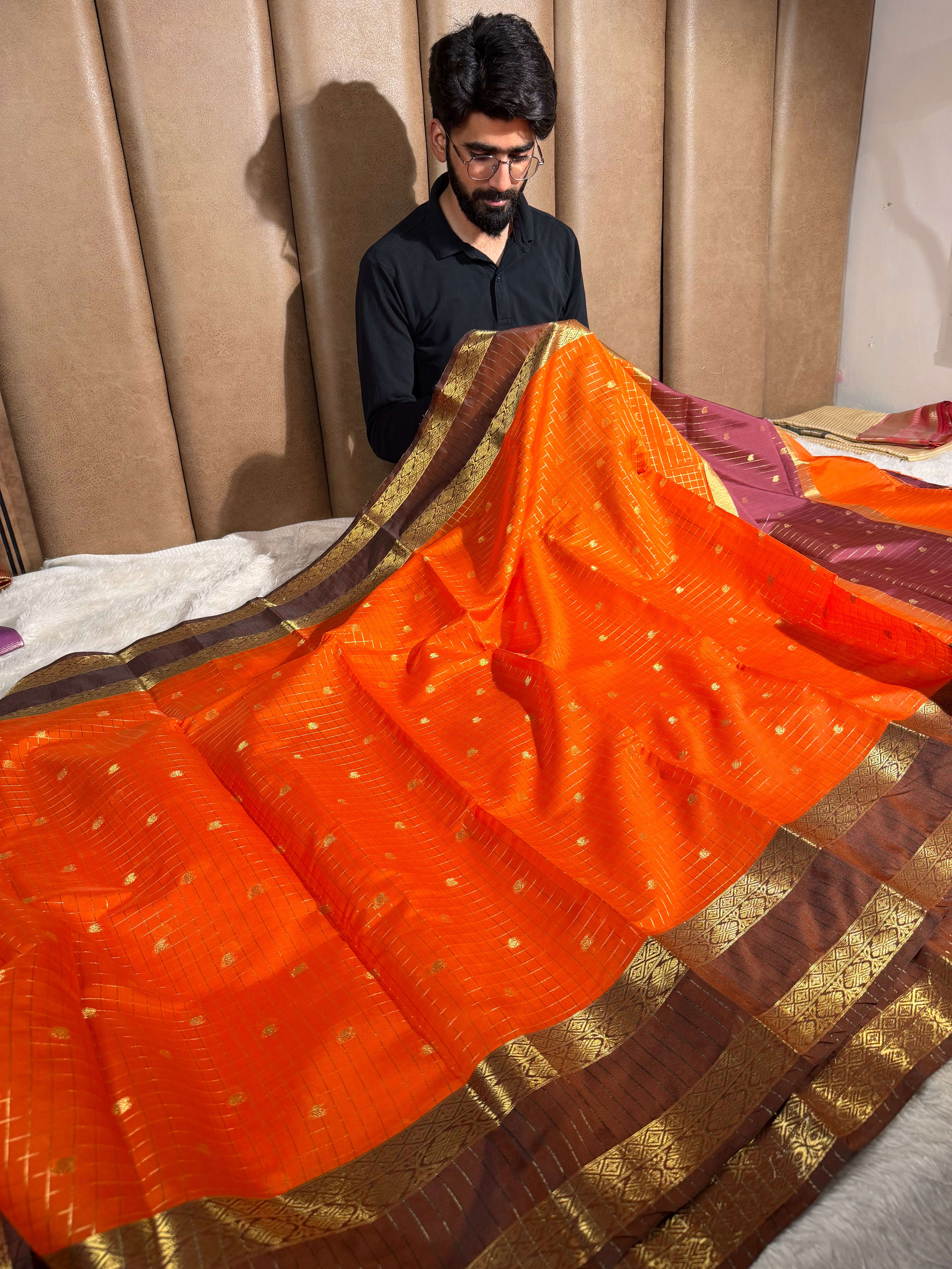 Bright Orange Checkered Buti Softsilk Saree