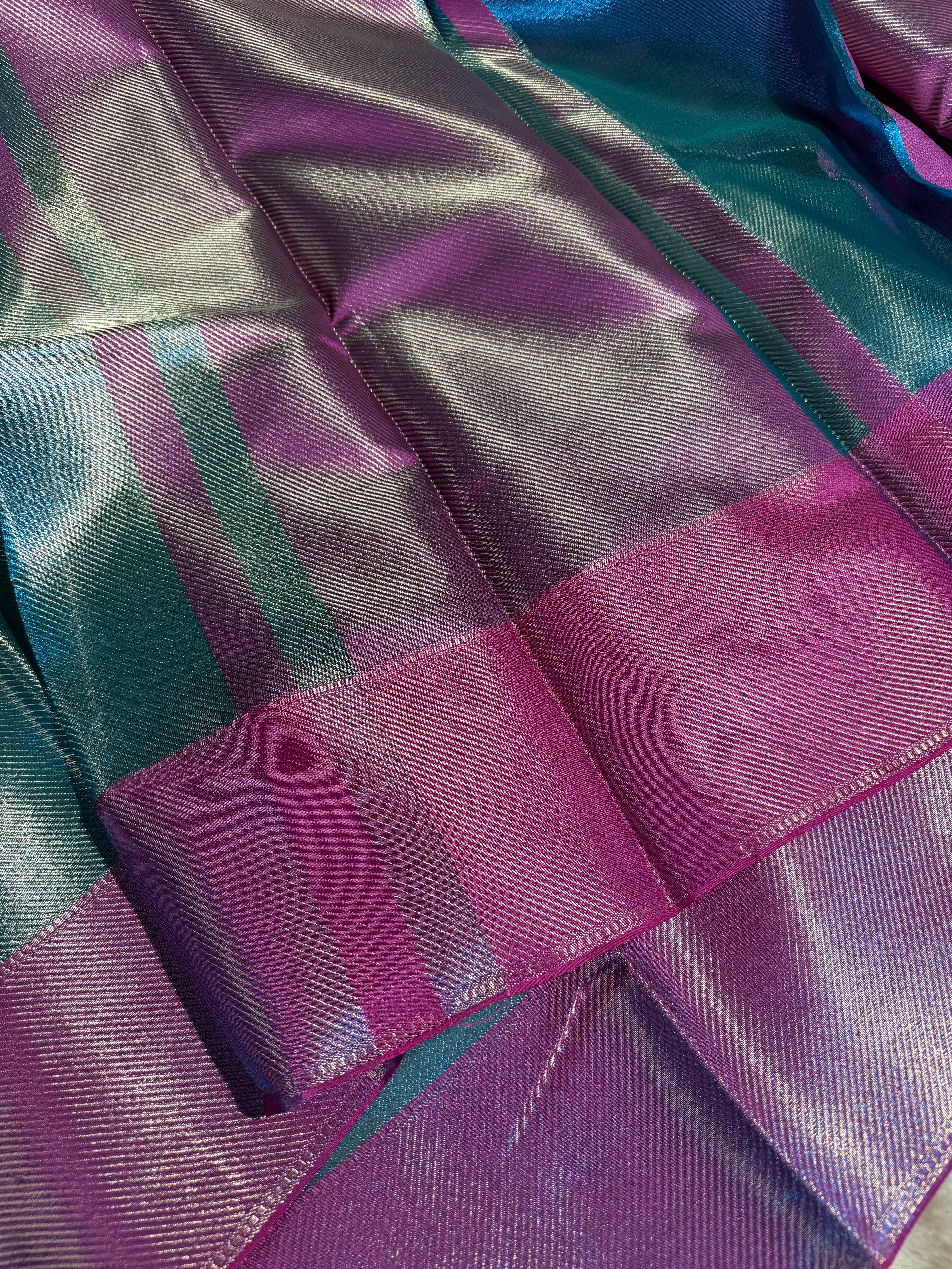 Metallic Firozi Brocade Tissue Silk Saree