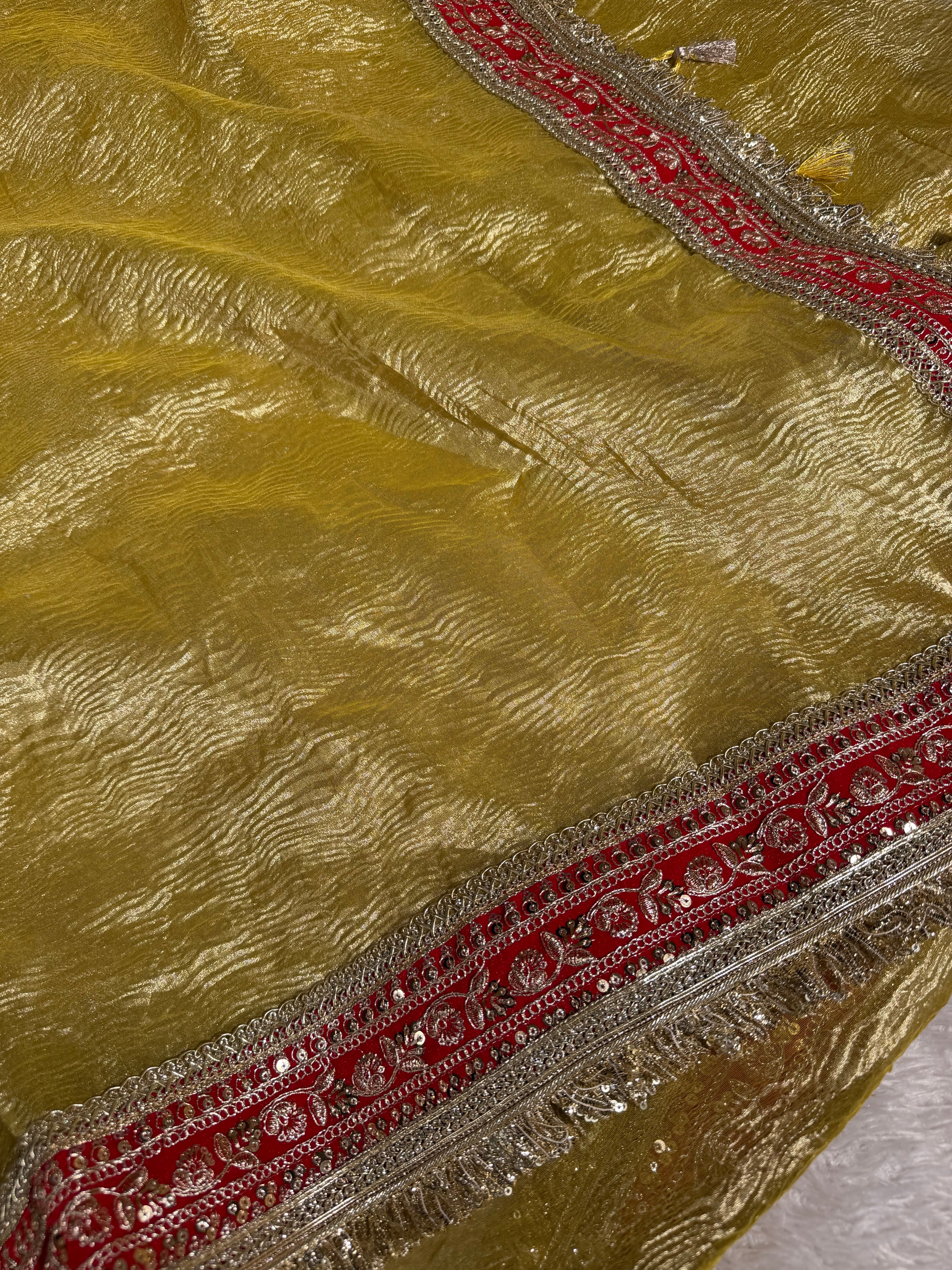 Light Gold Crushed Tissue Red Gota Banarasi Saree