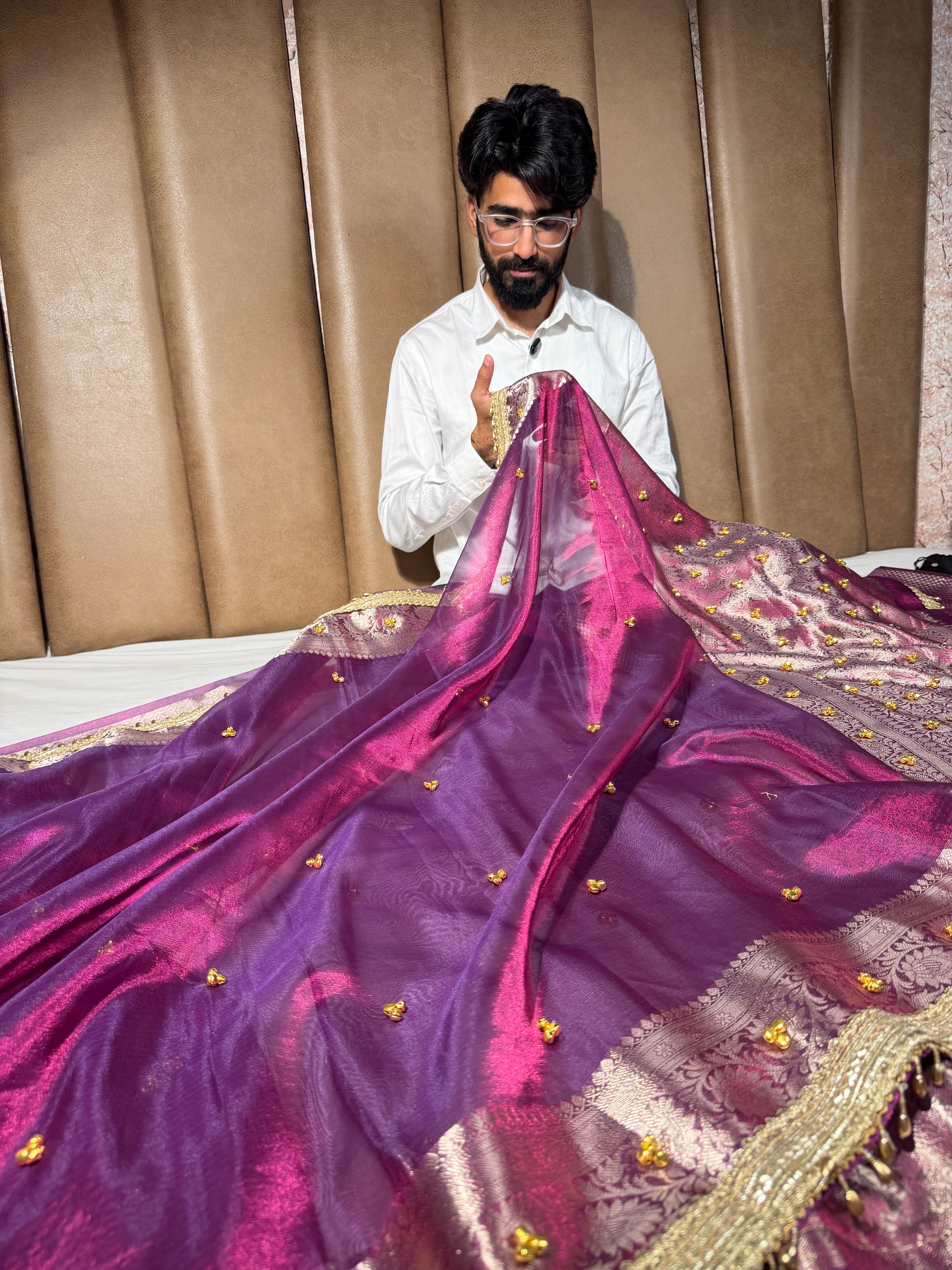Metallic Violet Kora Tissue Viral Ghungroo Saree