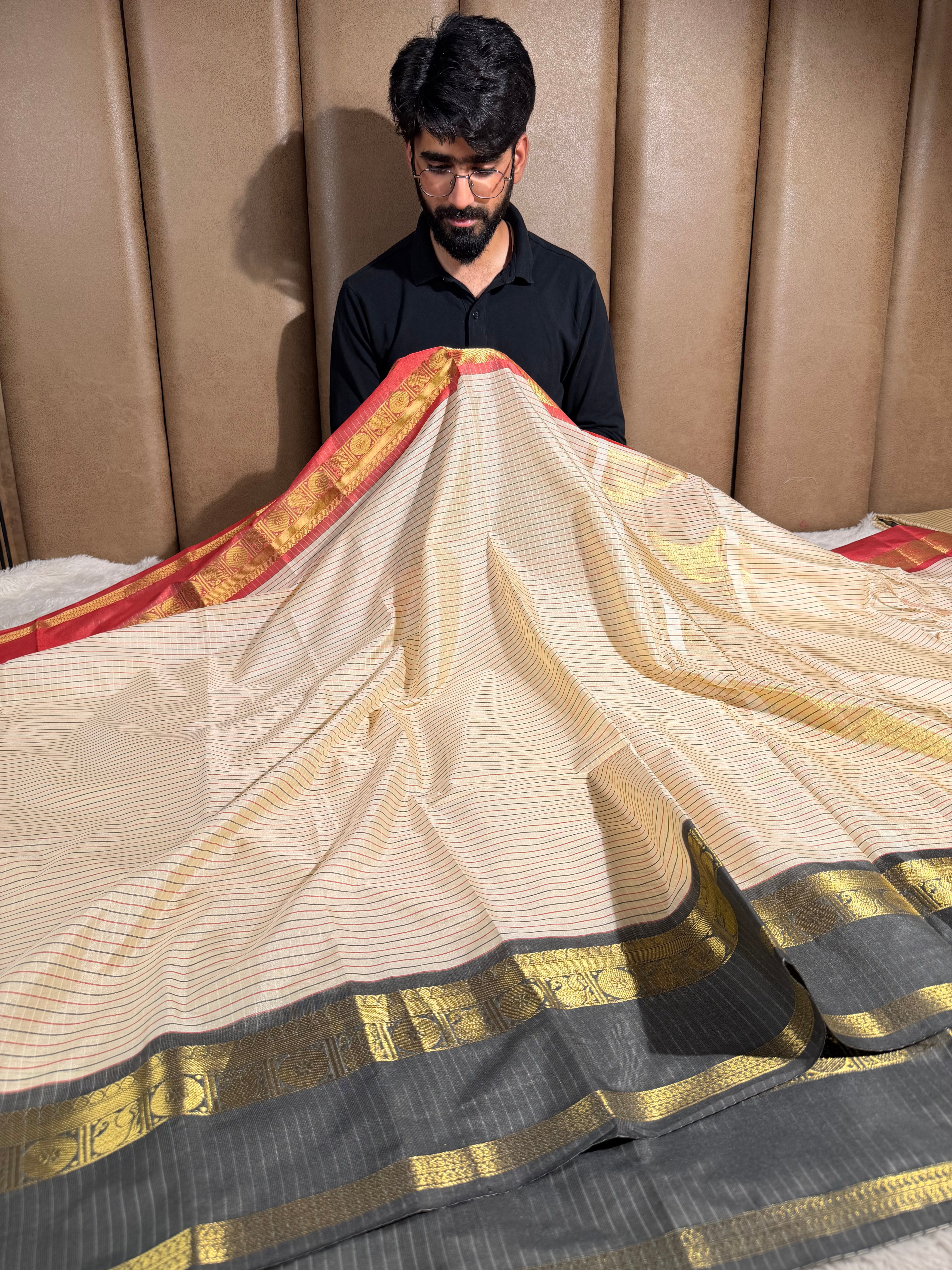 Light Cream Checks Weave Softsilk Saree