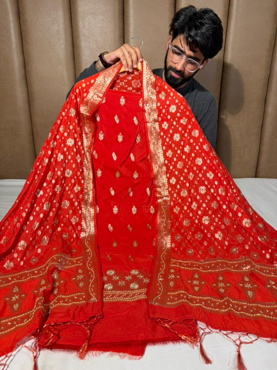 Bridal Red Chinia Silk Premium Handwork Suit