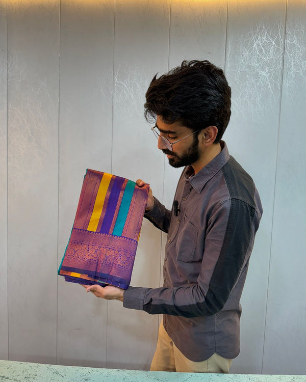 Soft Pattu Silk Saree with Multi coloured Stripes Design and Zari Embossed Pallu
