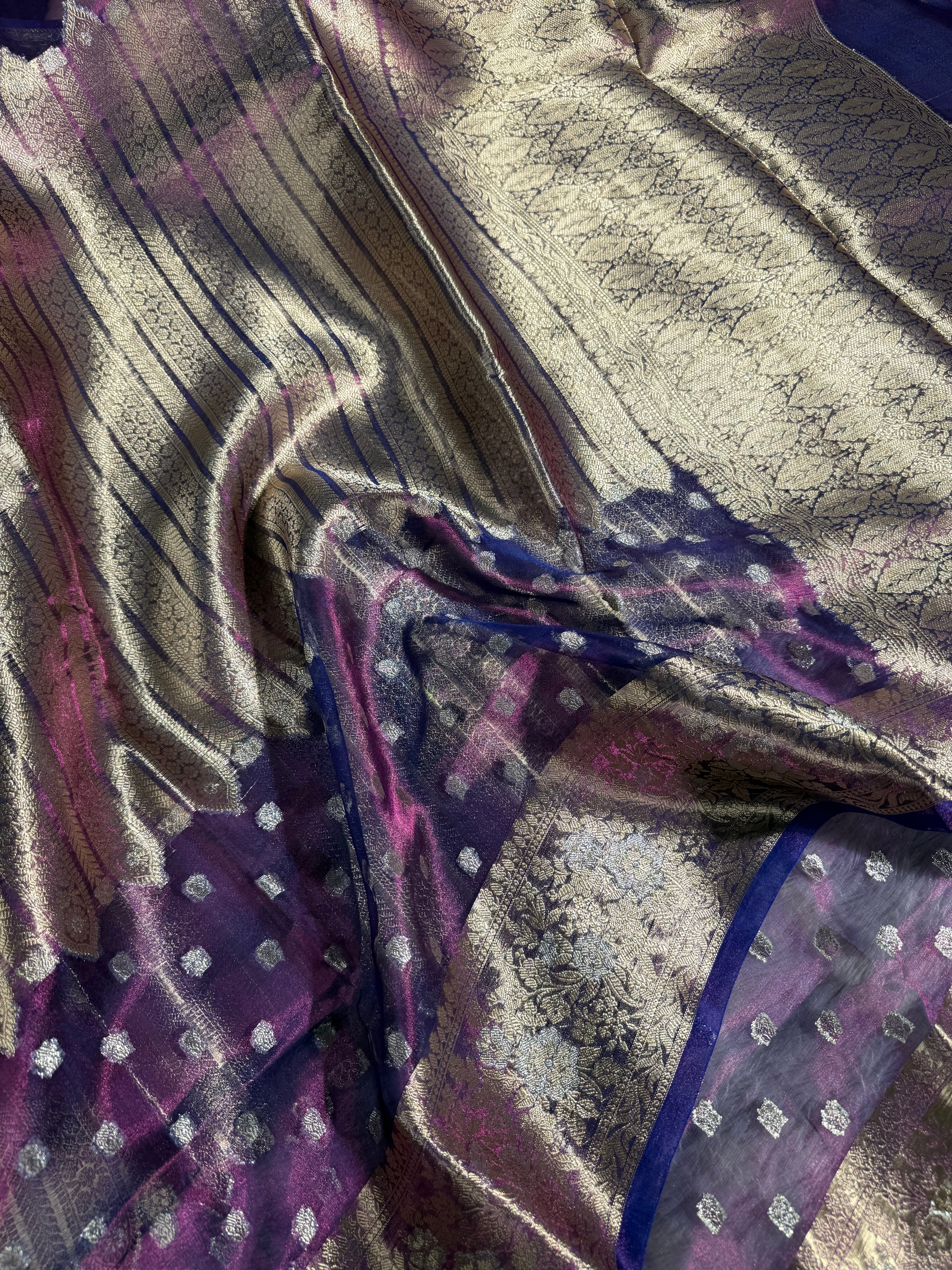 Baigani Pure Tissue Silk Contemporary Body Weave Banarasi Saree